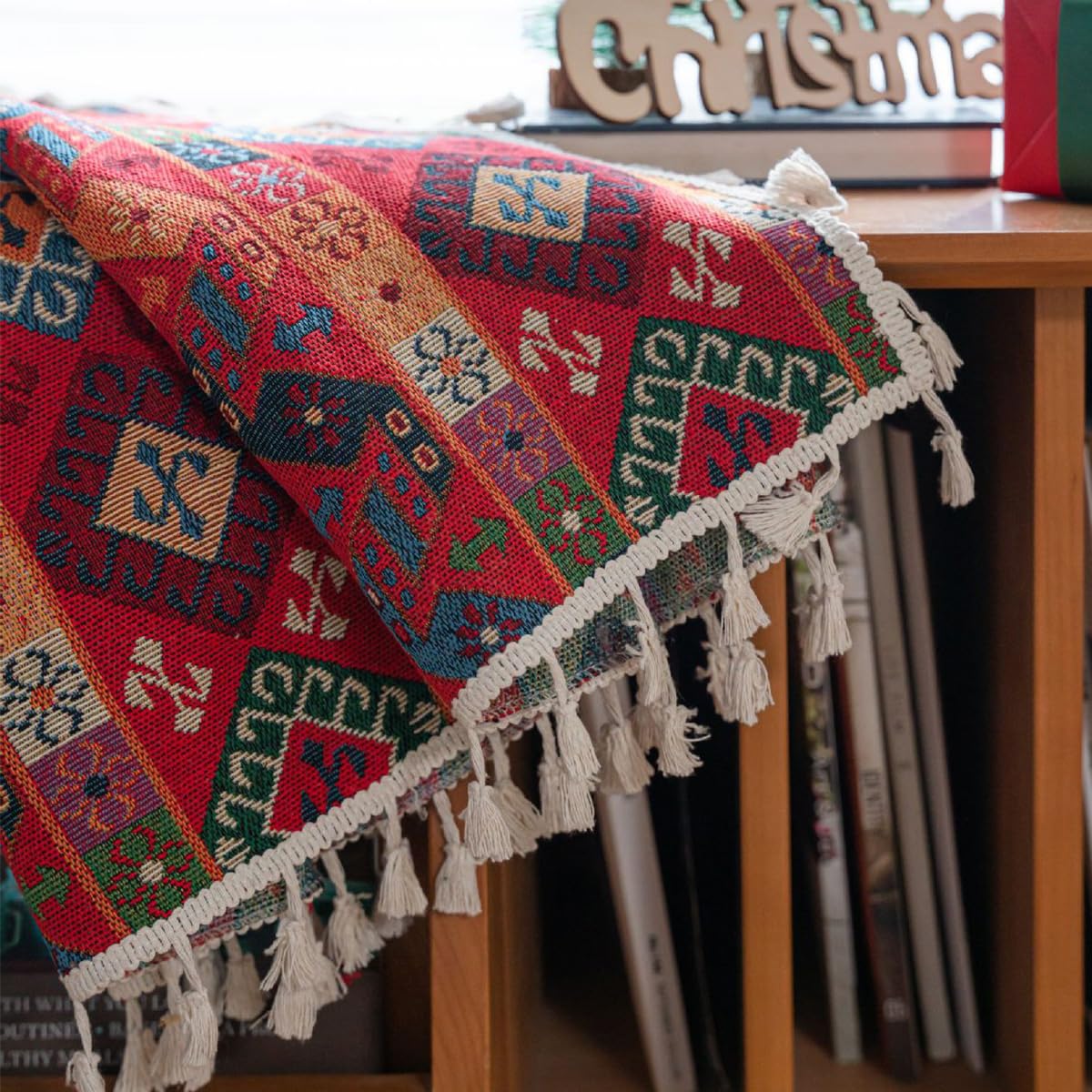 Bohemian Gardinen Vintage Boho Vorhang Blickdicht Leinenoptik Baumwolle Ethno Rot Geometrisch Vorhänge mit Quaste Rod Pocket für Wohnzimmer Schlafzimmer 1 Stück B150×H240cm