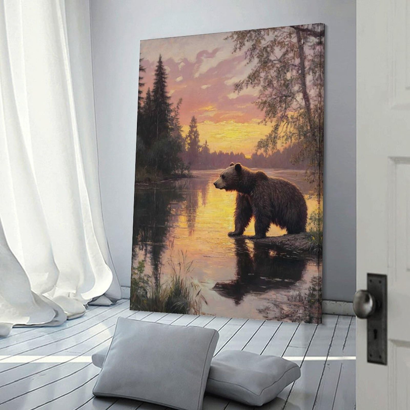 Junmoney Frame-Style-22 Bear At Sunset Canvas Wall Art, 24X36inch(60X90cm), For Living Room, Bedroom Or Apartment Walls, Decorative Artwork For Empty Walls