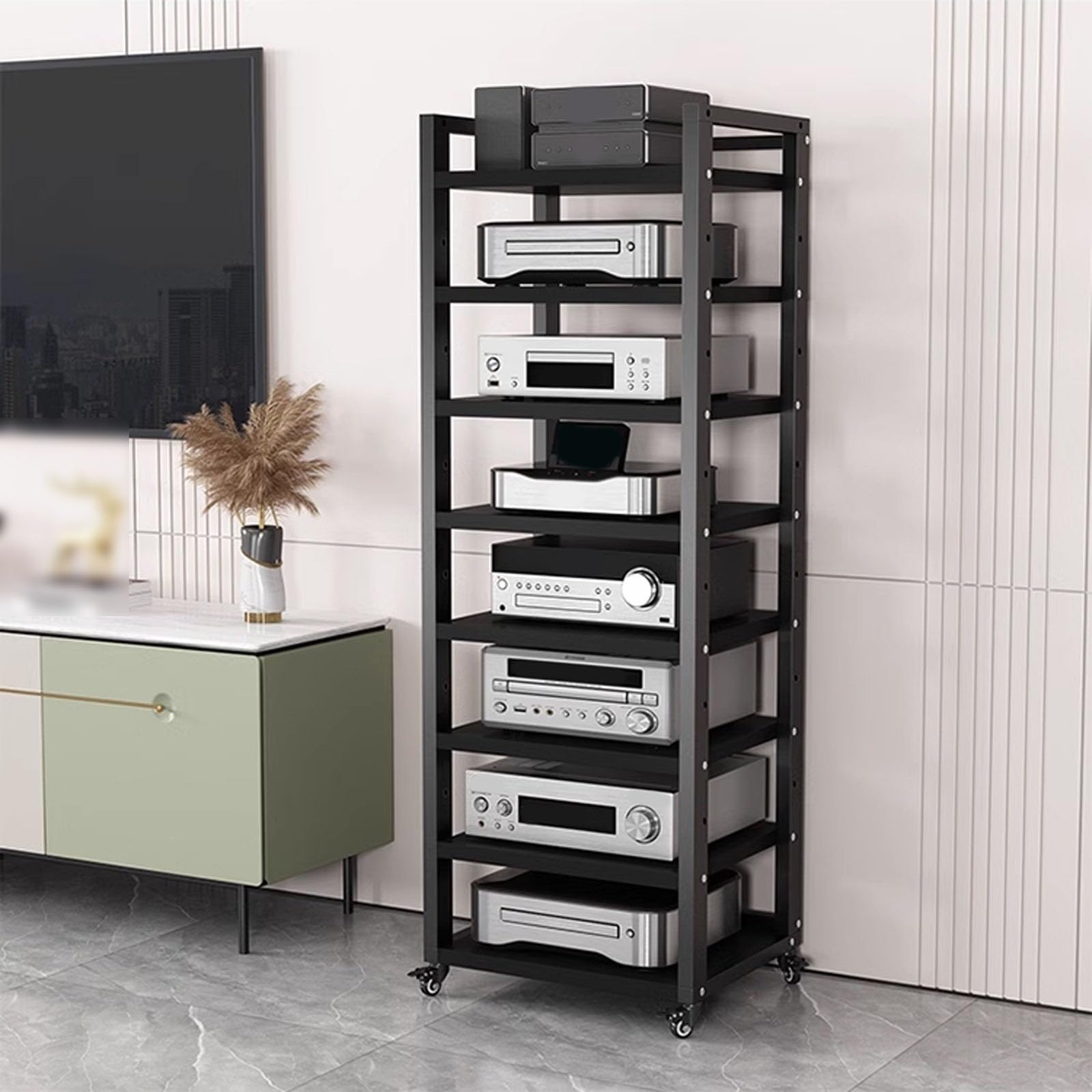 Support de Console avec Étagère Réglable en Hauteur, Tour Multimédia avec Roue, Grand Support de Composants Stéréo pour Amplificateurs