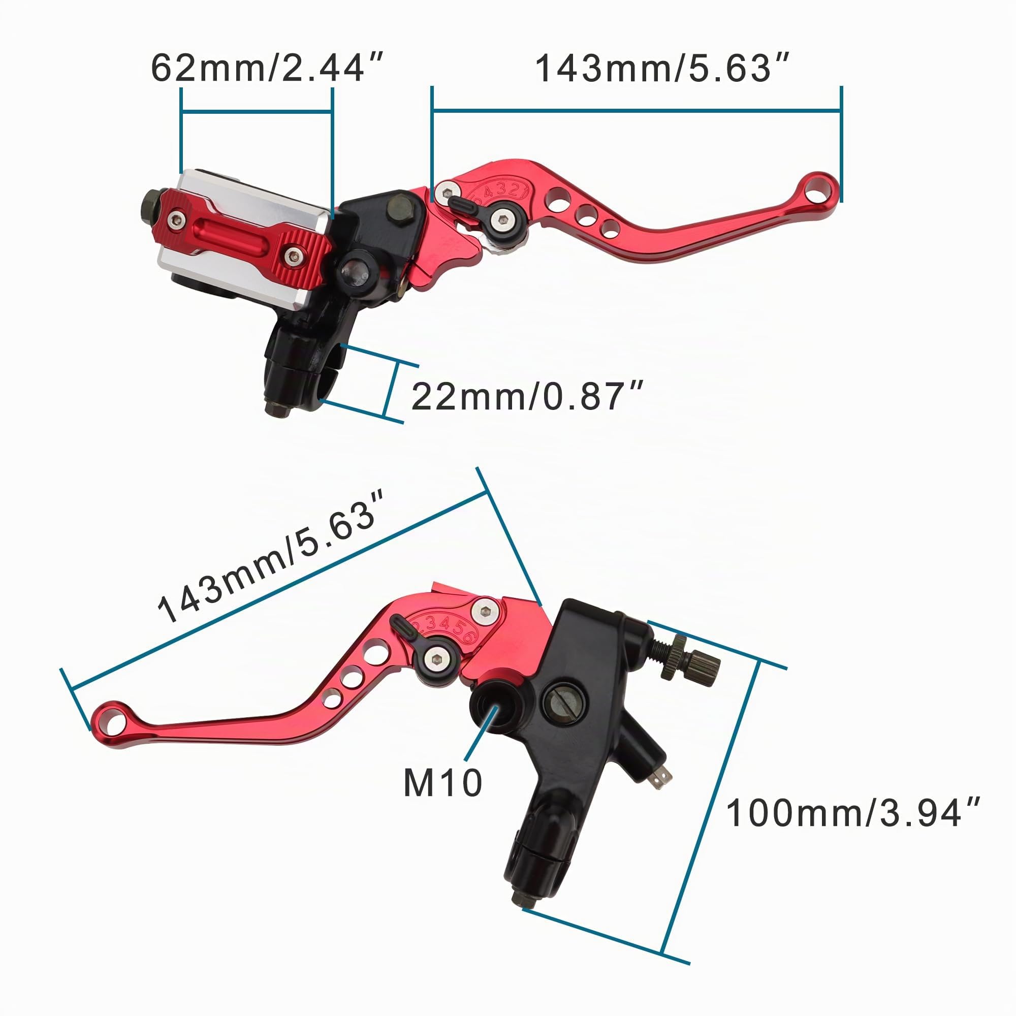 GOOFIT 22mm Rot Universal Motorrad Bremse Kupplungshebel Lenker Bremse Hauptzylinder+Handgriff+Bar Enden Reservoir Bremshebel Set Ersatz für Dirt Bike Roller