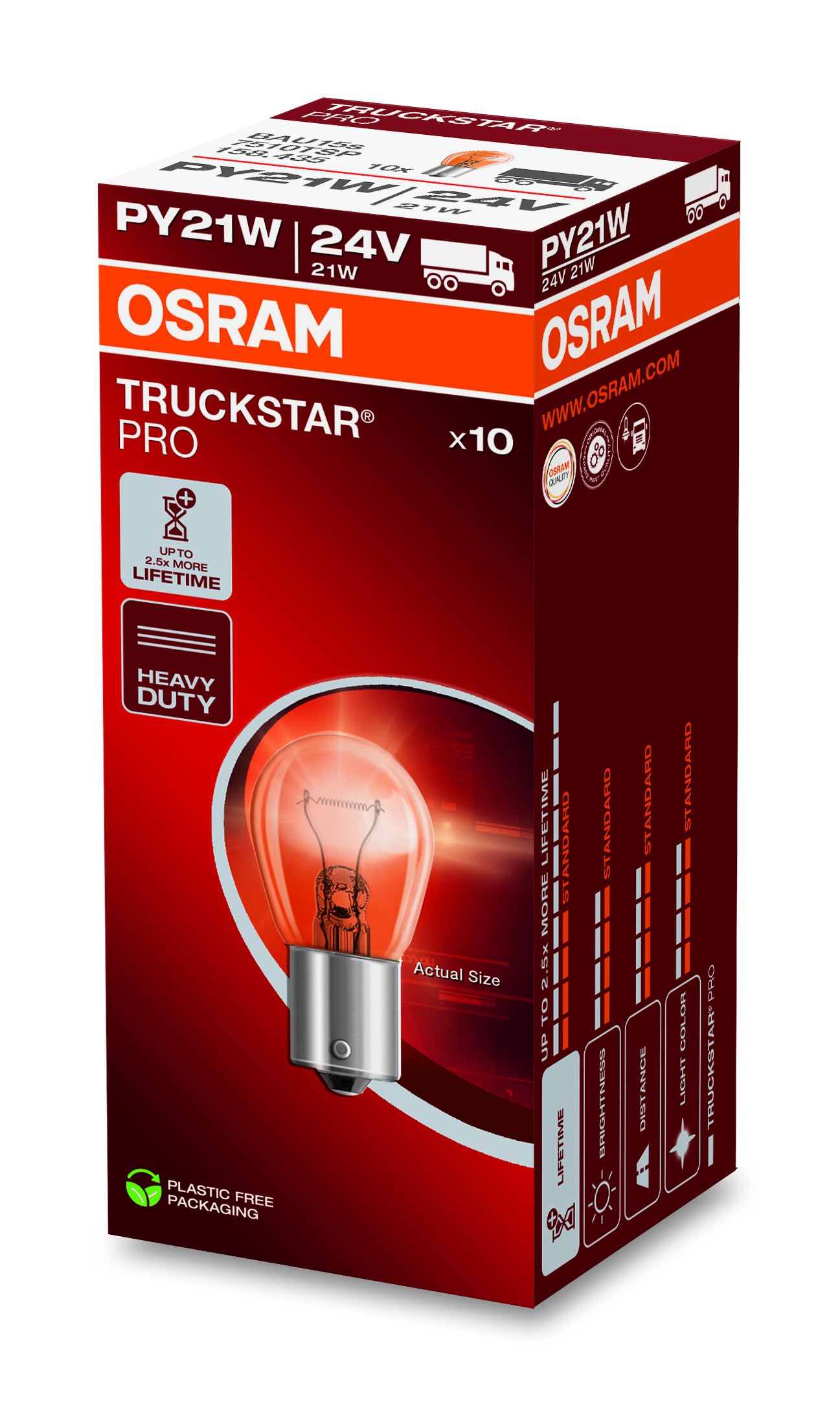 OSRAM TRUCKSTAR PRO PY21W, halogen signal lamp, 7510TSP, 24V truck lamp, folding box (10 lamps)