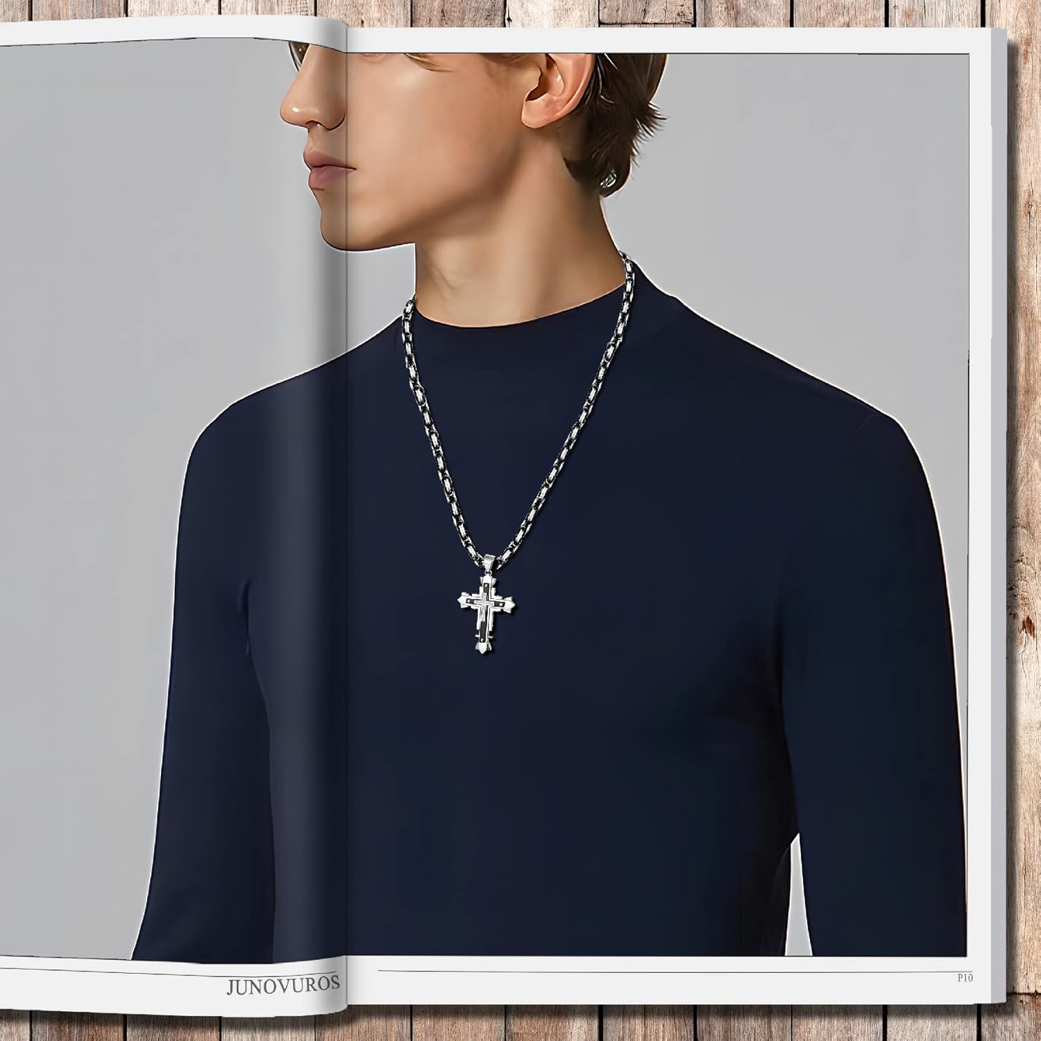 JUNOVUROS Stainless Steel Jesus Christ Cross Pendant Necklace for Men, 20 to 28 In Rolo/Byzantine Chain, 2 Sizes of Religious Jewelry with Silver/Gold/Black