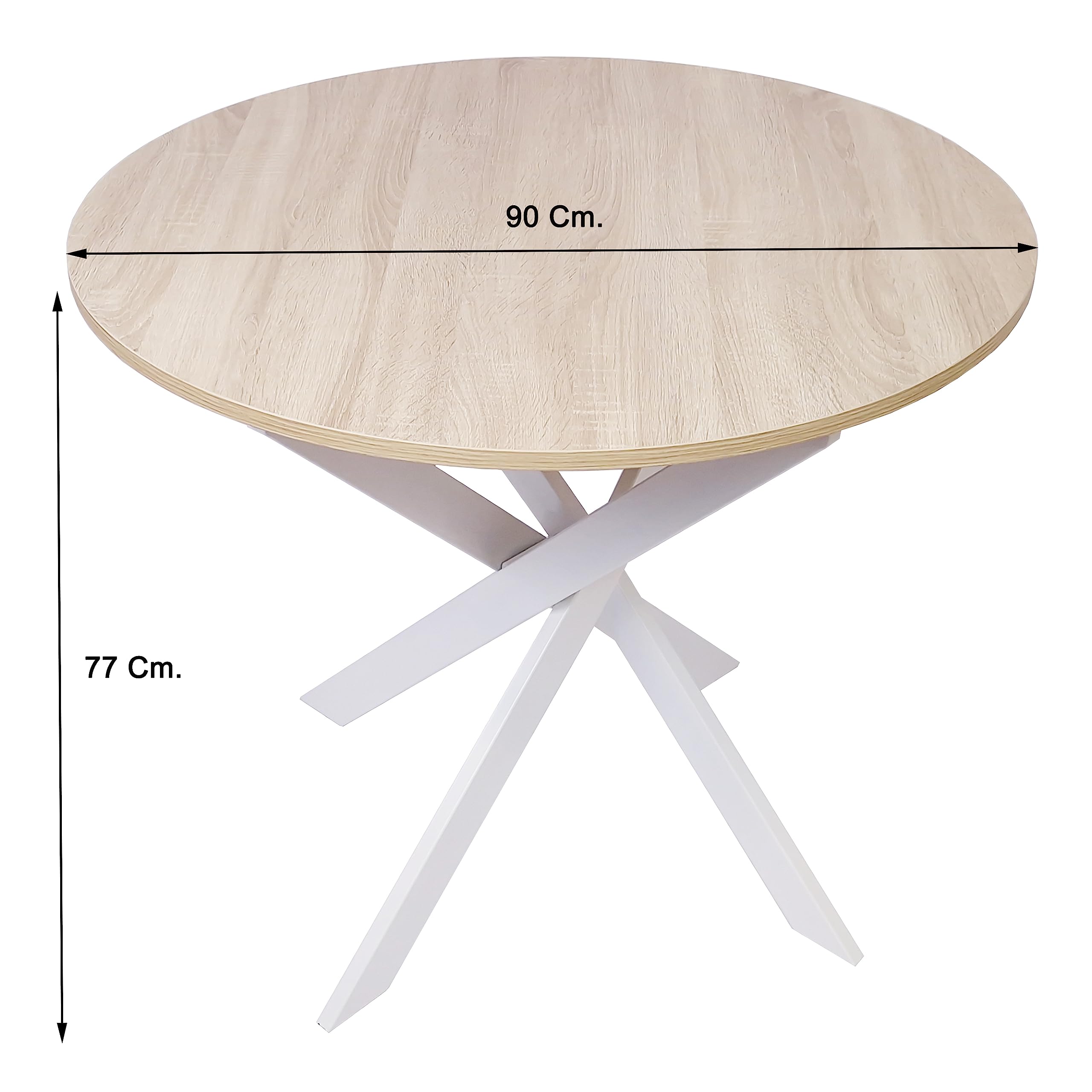Skraut Home - Mesa Comedor Fija Redonda | 90 x 90 x 77 cm | Capacidad hasta 4 Personas | Materiales Resistentes | Modelo Zen (90cm, Roble + Patas Blancas)