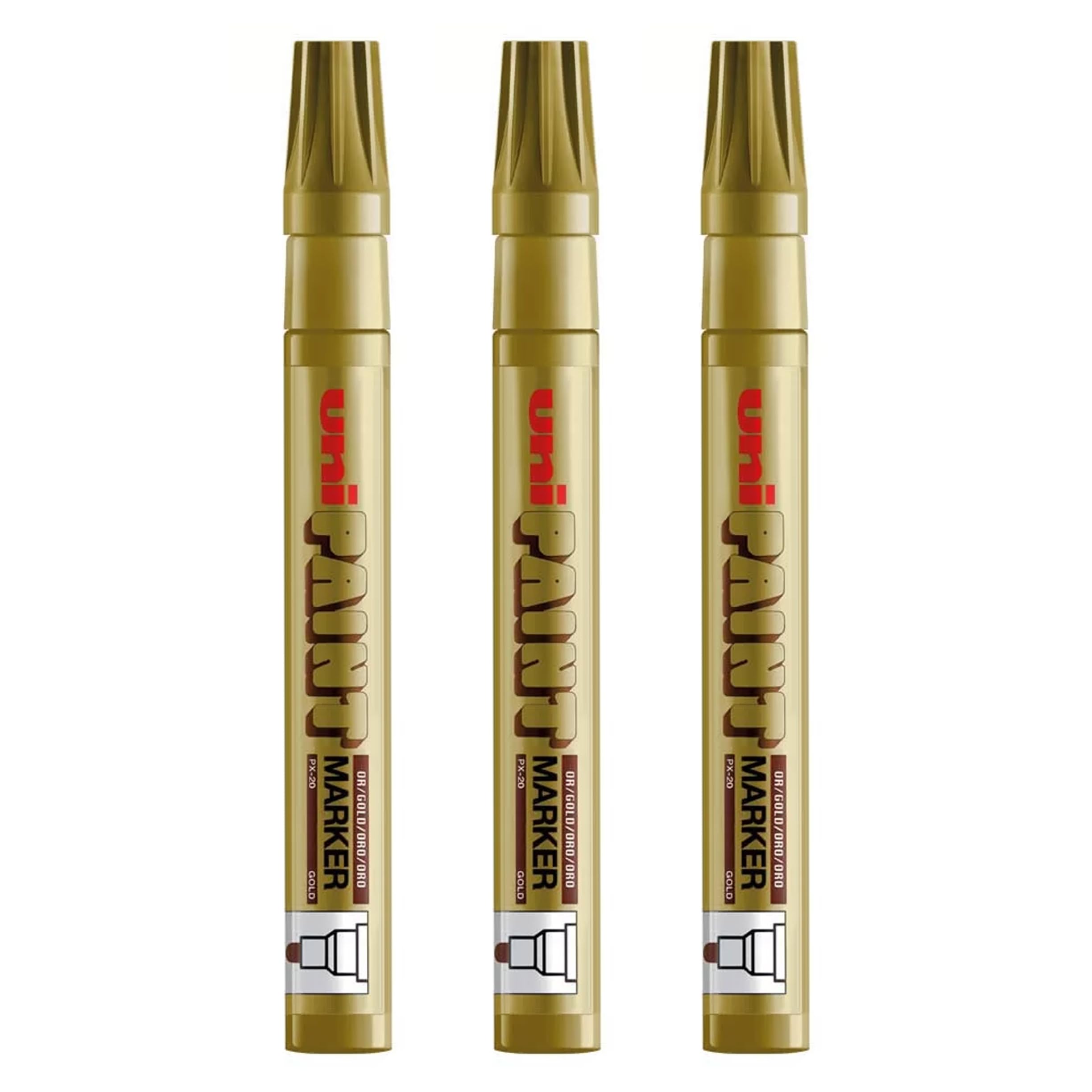 Uni Colour Medium (2.2-2.8mm) PX-20 Gold Oil Paint Marker Pen Metal Glass Wood Plastic Stone Outdoor mm Metal Bullet Nib Tip (Pack Of 3)