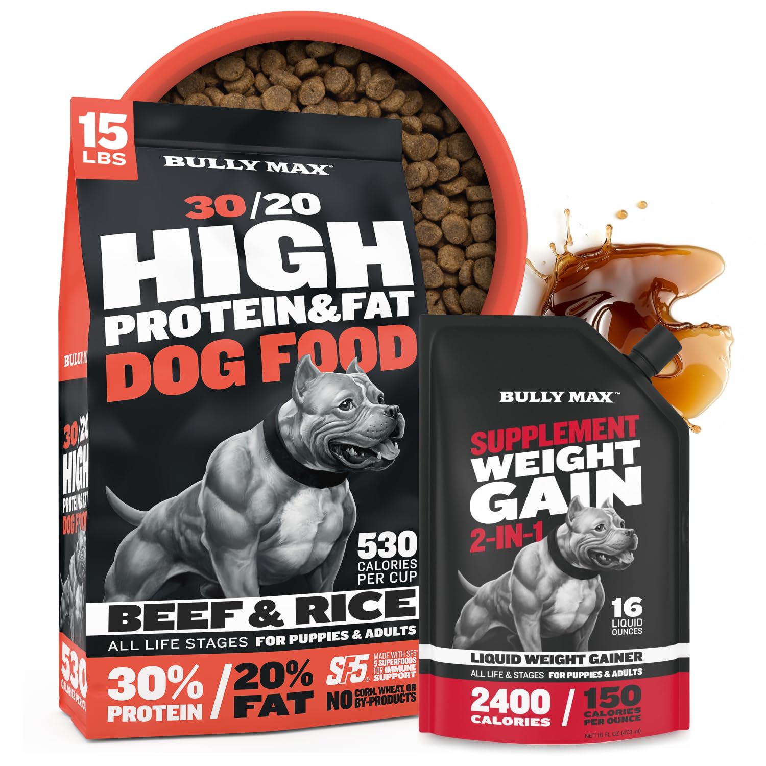 30/20 High Protein Beef Dog Food (15 lbs.) + Liquid Weight Gainer Supplement Performance Bundle – High Calorie Nutrition for Healthy Weight & Energy Support for Puppies & Adult Dogs