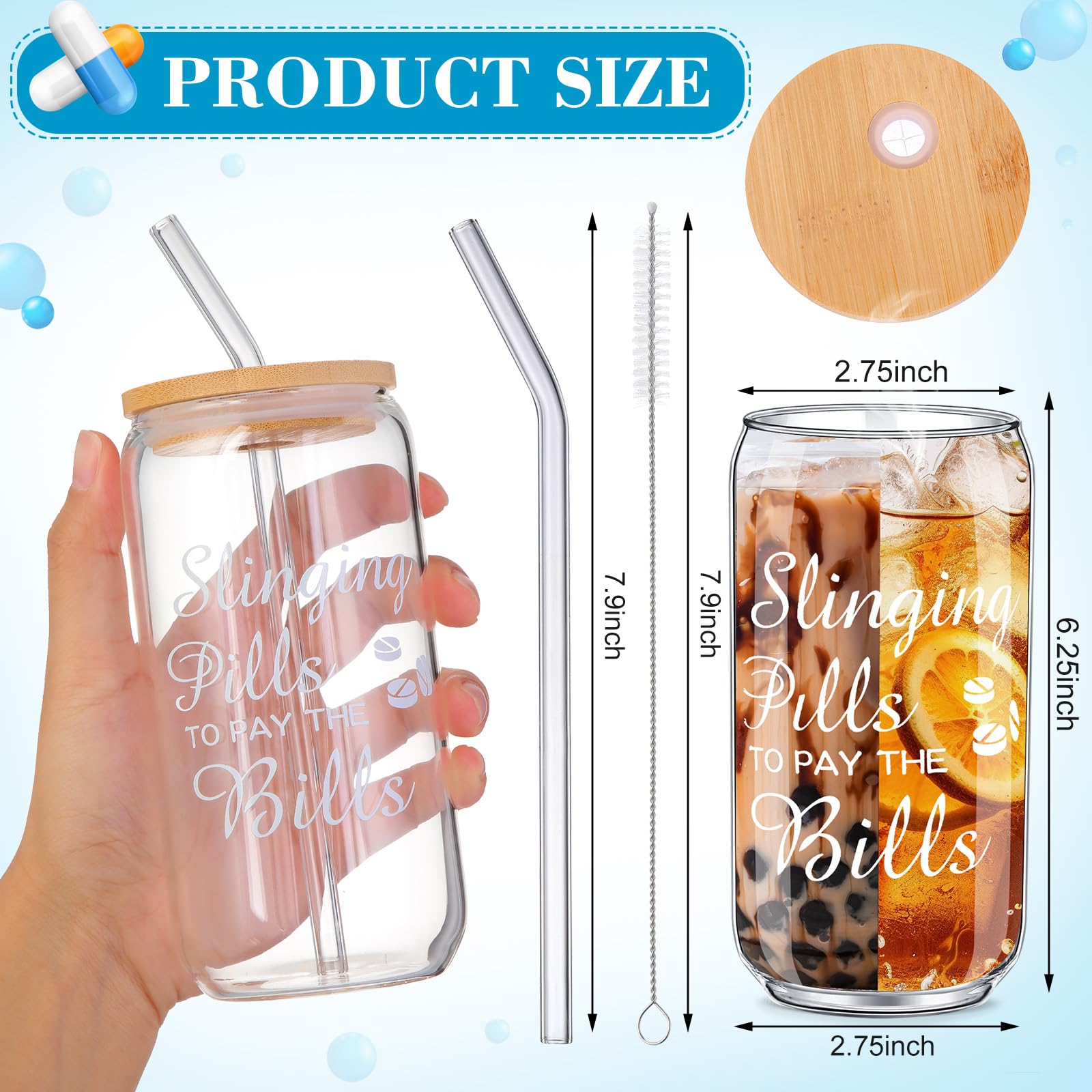 Gerrii 2 Pcs Pharmacy Technician Christmas Gift, Slinging Pills to Pay the Bills Can Shaped Glass Cups, 16 oz Beer Can Cups with Lids Straw, Nurse Appreciation Gifts for Pharmacist Nursing Women Men