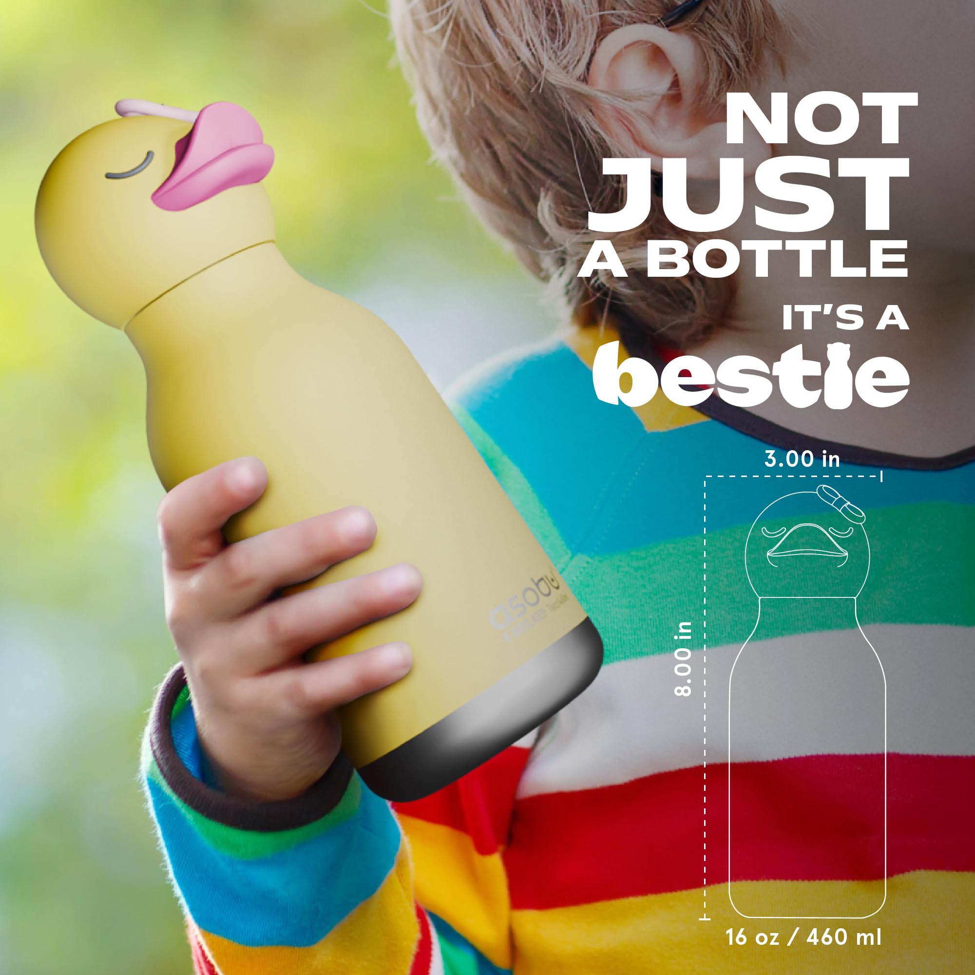 asobu Bestie - Borraccia isolata in acciaio inox, con morbida testa di animale rimovibile, per bambini e ragazzi, con cannuccia flessibile riutilizzabile (anatra)