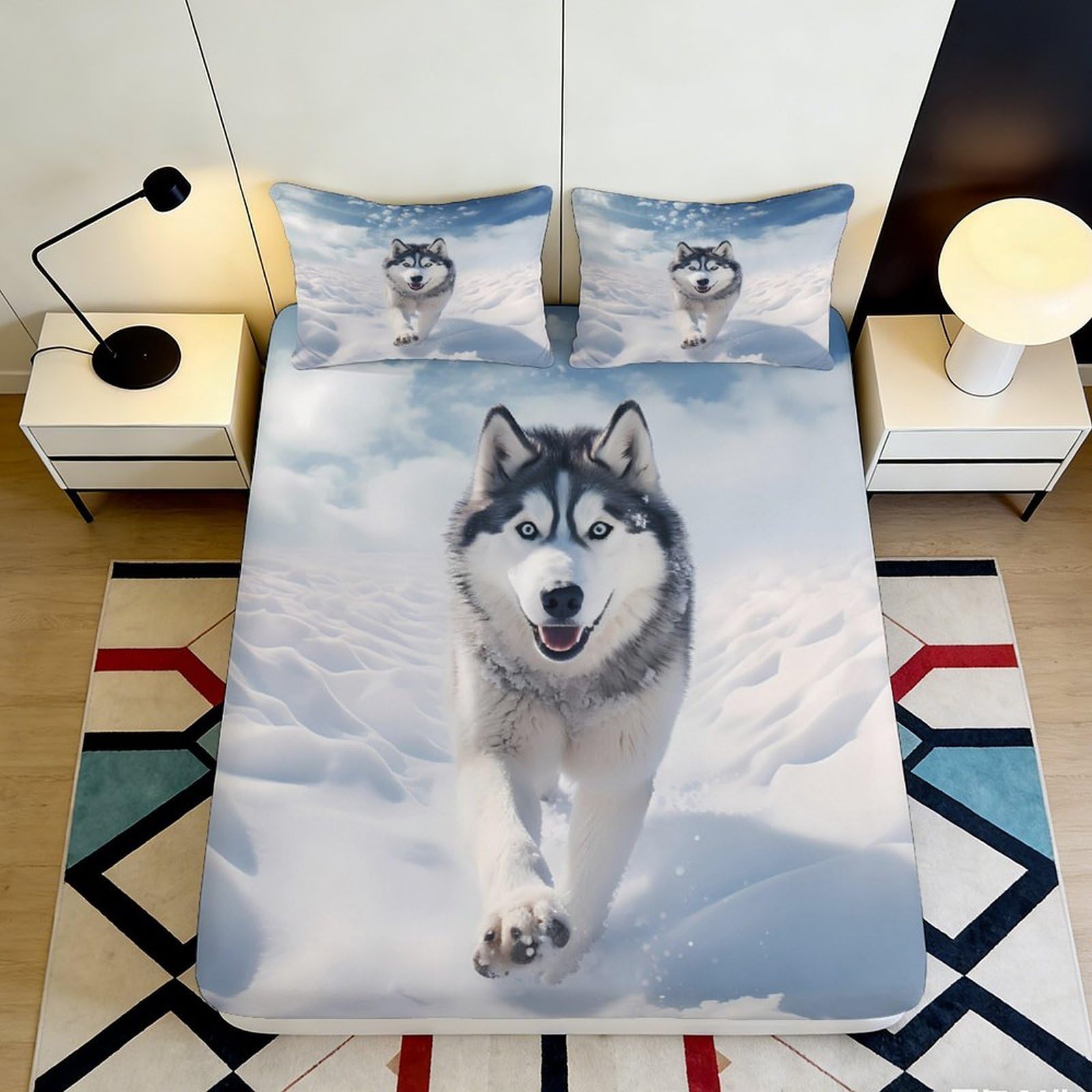 3D Printed Snow Husky Fitted Sheet Microfiber Soft Bedroom Decor Wolf Pattern Mattress Cover for Home Dorm 90x200x25cm