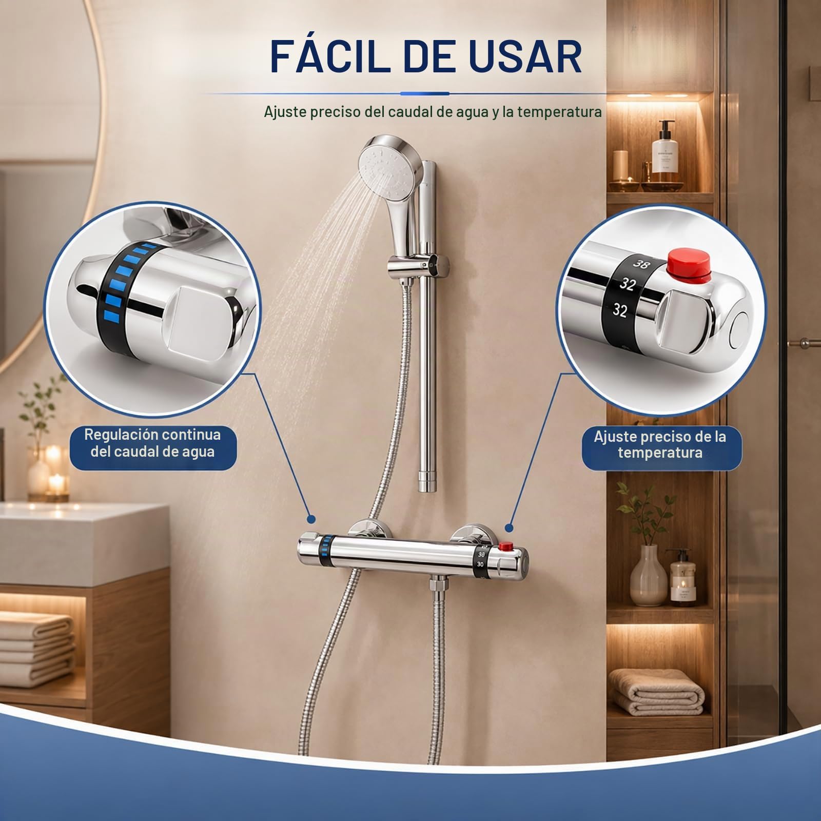 Grifo Ducha Termostático con Botón de Seguridad 38°C para Baño Moderno G1/2 | Cuerpo de latón cromado con conexión G1/2; mantiene una temperatura constante y ayuda a prevenir cambios bruscos y quemaduras