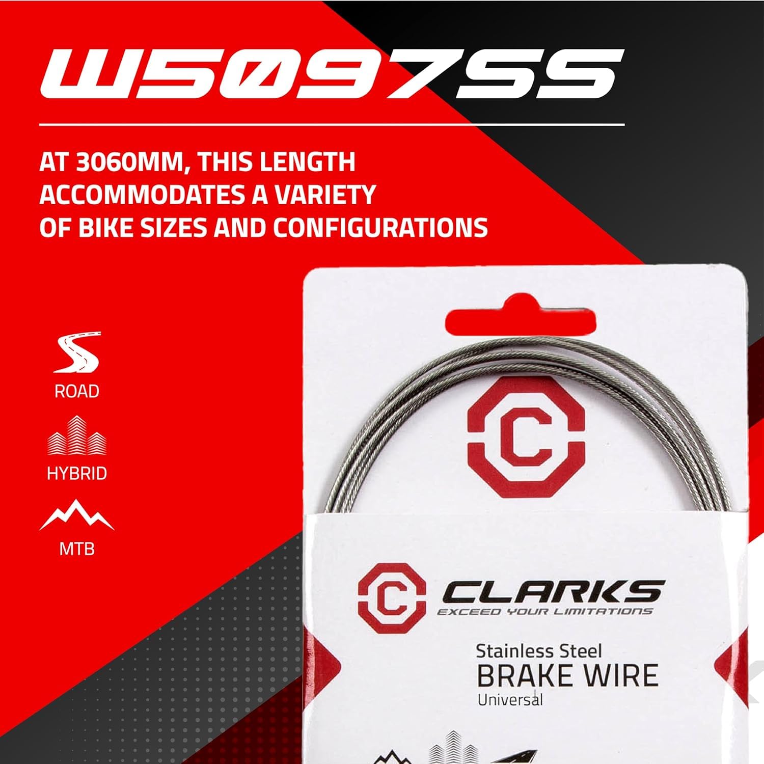 Clarks Universal Brake Cable Set - Stainless Steel, 210cm Length For Road, MTB, BMX & Kids Bikes