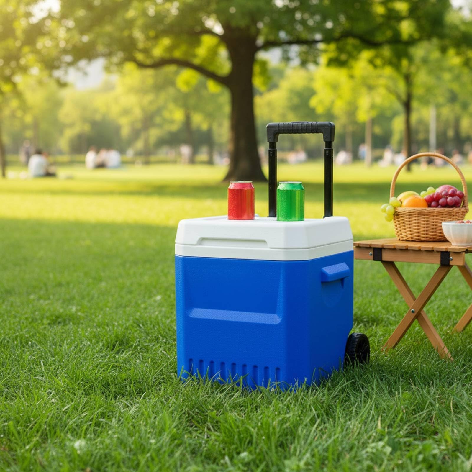 rockible Borsa Termica Esterno Portatile con Carrello Ghiacciaia Isolata a Rotelle Contenitore Frigo per Bevande Freddo Chiller Mobile da Esterno Adatta per Campeggio Gite Fuori Porta Pesca, Blu
