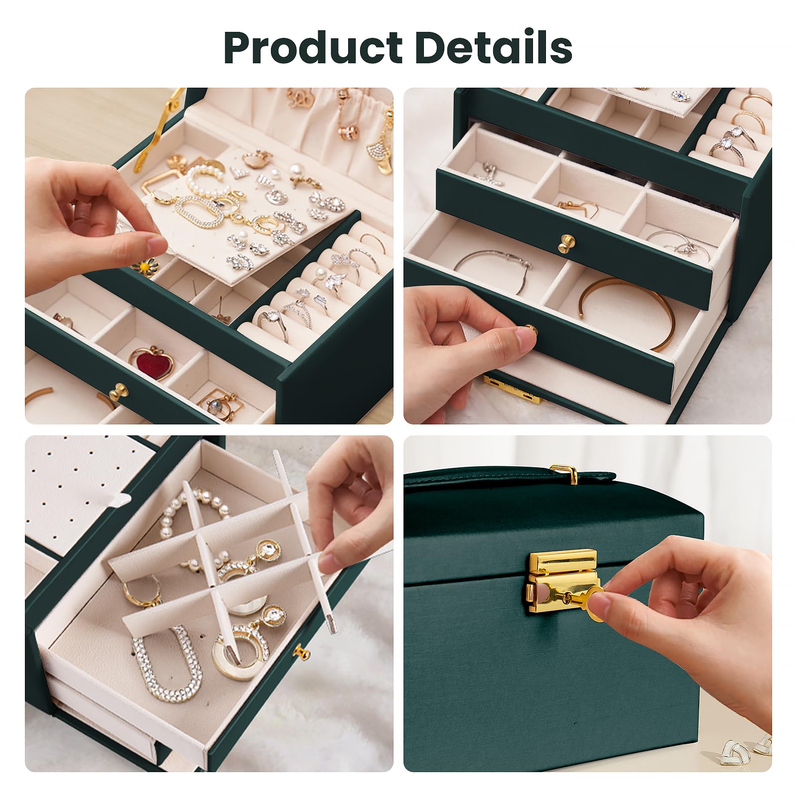 Sieradendoos voor dames, sieradenorganizer PU Leer 3 Lagen met Laden Grote Afsluitbare Display Sieraden Houder, voor Oorbellen Armbanden Ringen - Groen Sieradendoos voor dames, sieradenorganizer PU Leer 3 Lagen met Laden Grote Afsluitbare Display Sieraden Houder, voor Oorbellen Armbanden Ringen - Groen