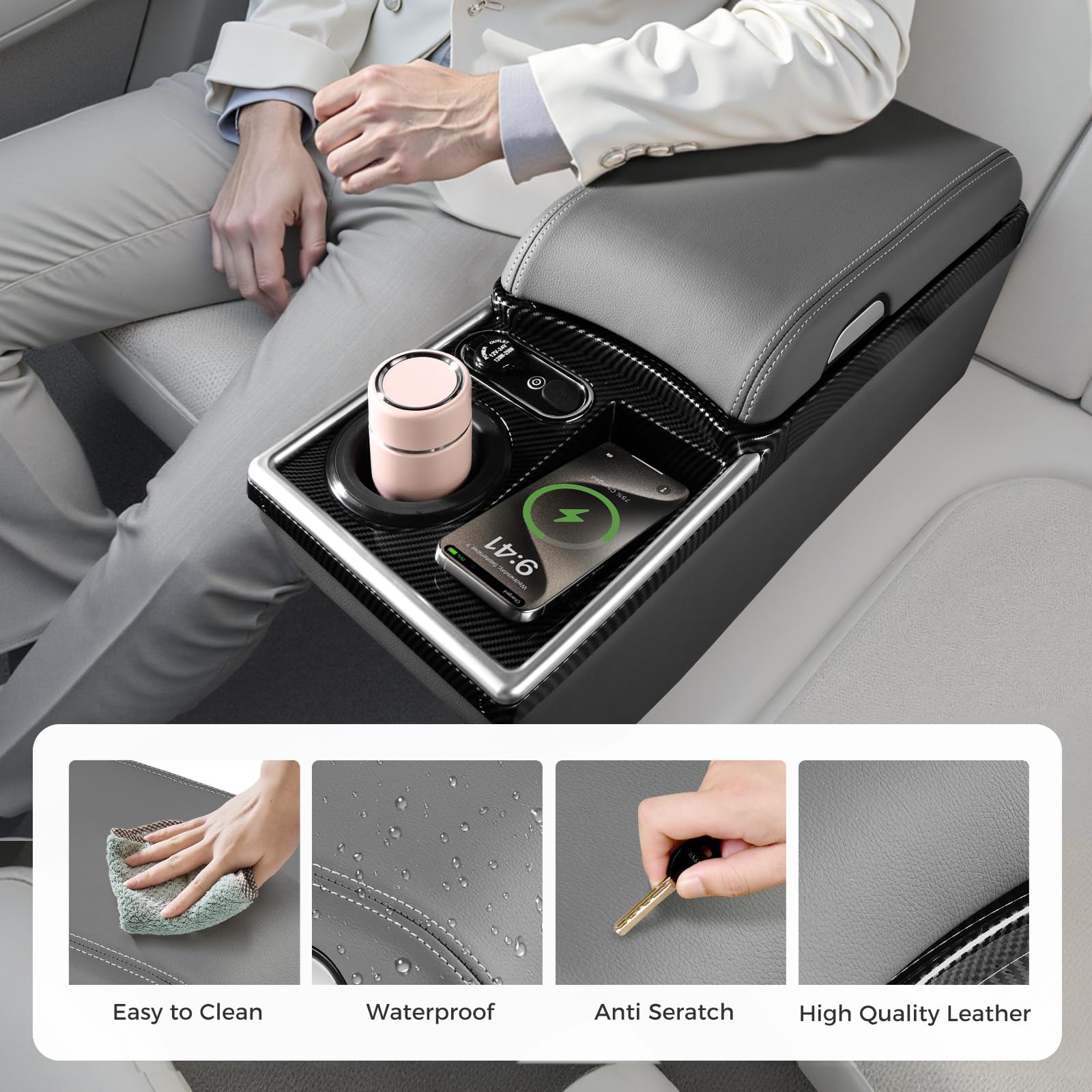 LOOYE Universal Center Console With Wireless Charging, Cup Holders & USB Port – Black, SN-07