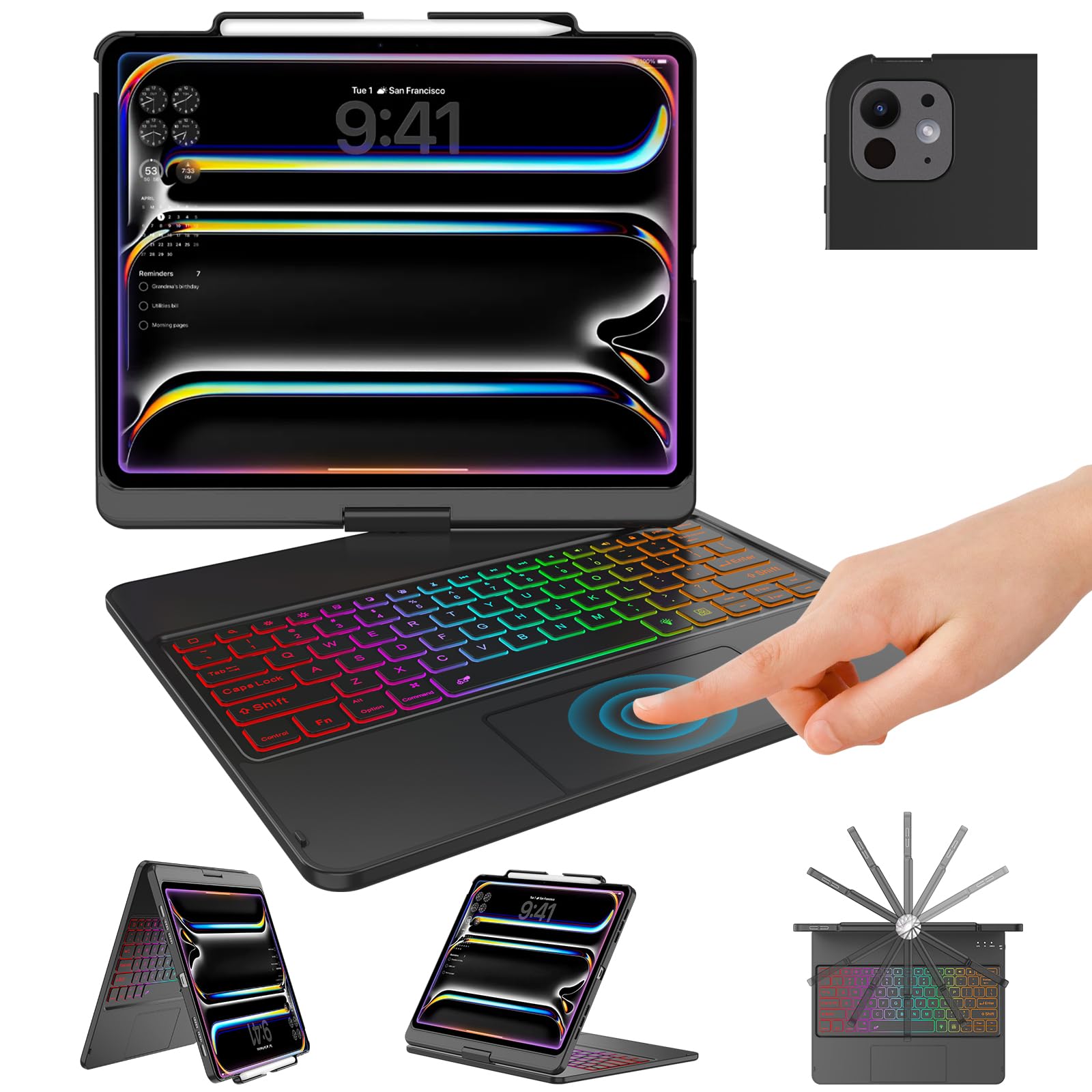 Photo 1 of TQQ iPad Pro 13-inch Case with Keyboard (M5 2025 / M4 2024), iPad Pro 13 Keyboard Case with Pencil Holder, Multi-Touch Trackpad, 360° Rotatable, 7-Color Backlit, Thin & Light (Black)