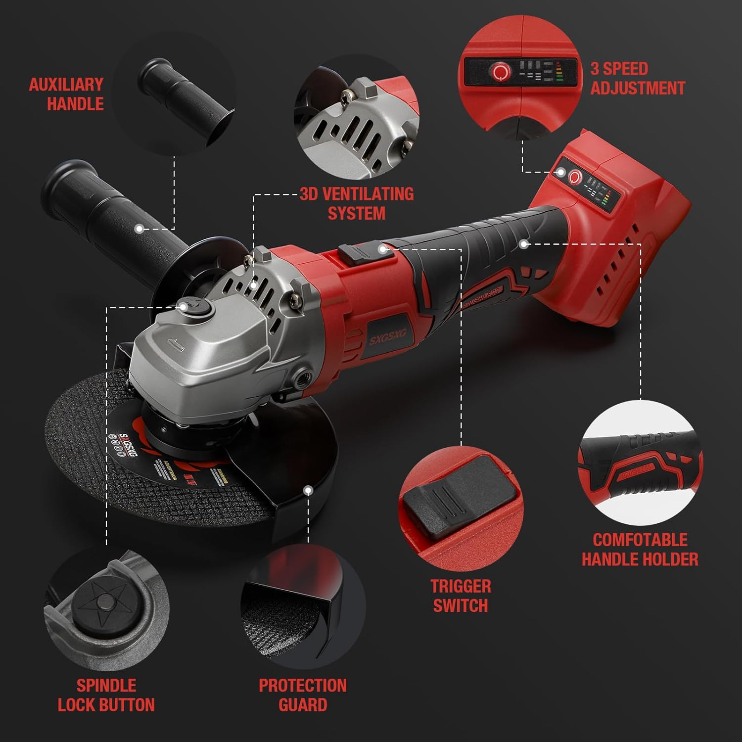 Angle Grinder Cordless for Mwkee M-18 18V Battery, Brushless, Cordless Grinder 4 1/2", Variable Speed, Electric Power M18 Angle Grinder Tool for Grinding Cutting Polishing (Battery Not Included)