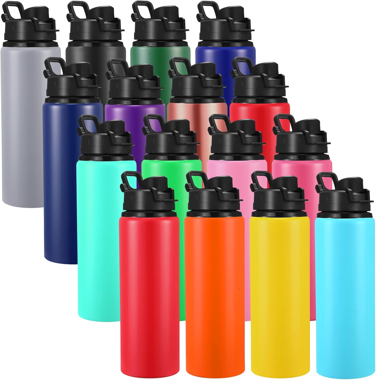 Sunnyray 16 Pcs Aluminum Water Bottle Bulk Multicolor Reusable Sports Bottle with Snap Lids Multipack Vacuum Water Flask for Travel Camping, Picnics, Gym, Hiking, Cycling, Fishing