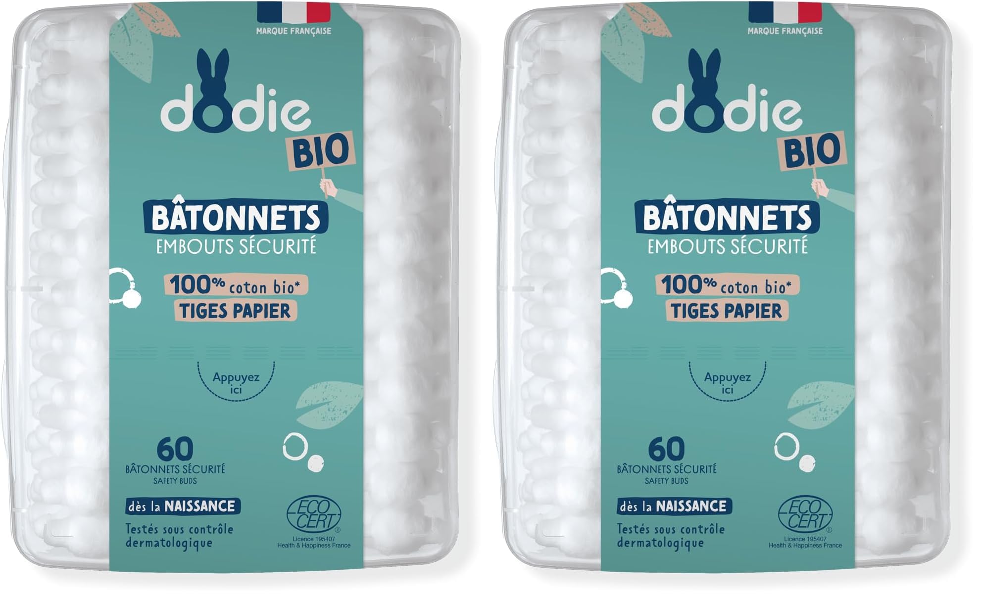 Dodie Wattestäbchen für Babys, Bio, ab der Geburt, 60 Stück (Packung mit 2)