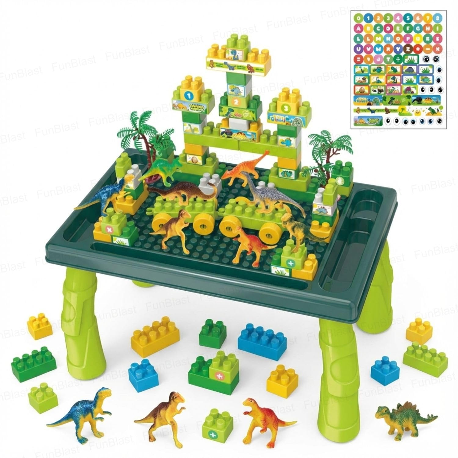 FunBlast 150 Pcs Building Blocks for Kid - Table Building Blocks Toy for Kid Puzzle Games with Dinosaur Toy Figures and Stickers for Kids, DIY Toys for 3+ Year Old Kids, Boys (150 Pcs)-image-16