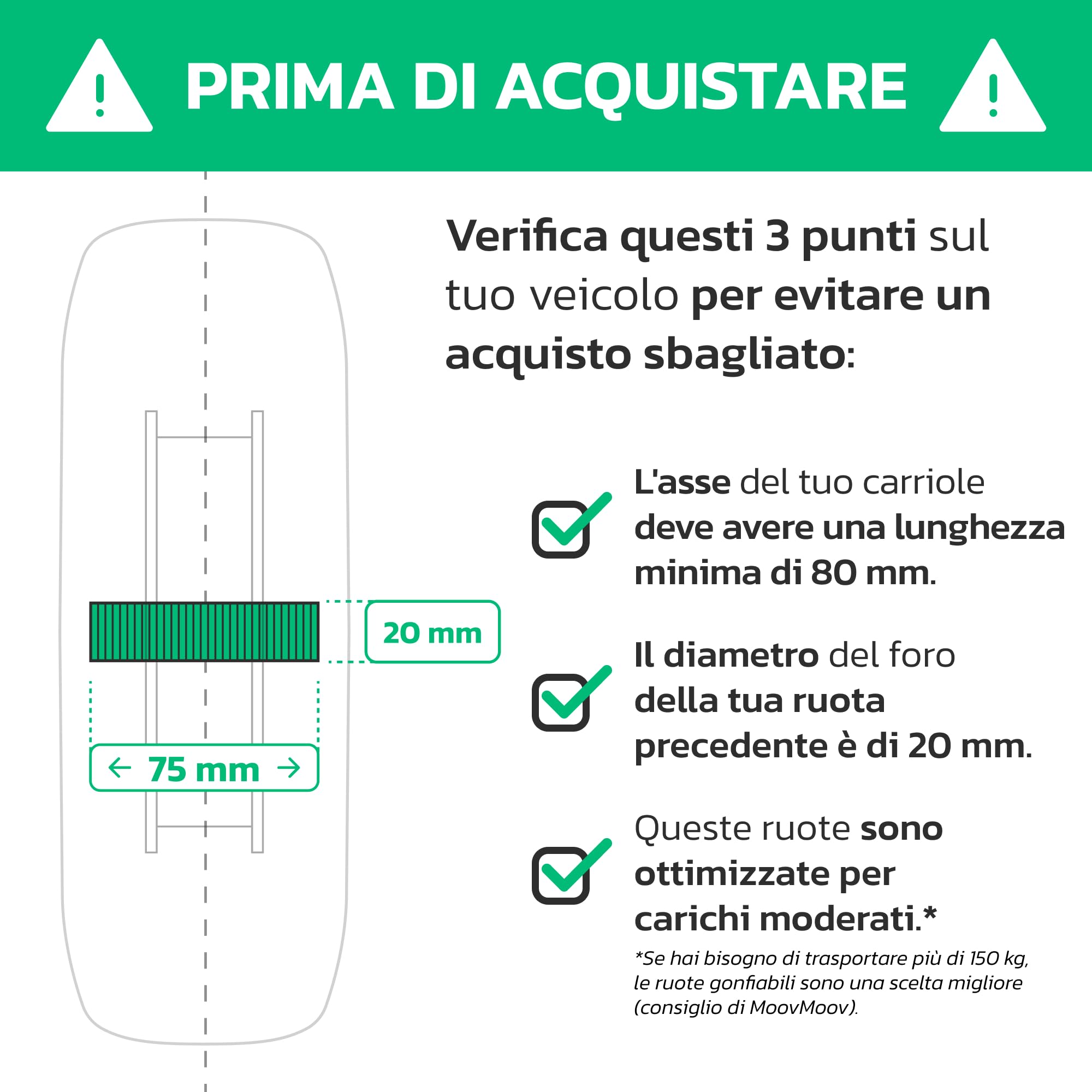 Ruota per Carriola Anti-Foratura 4.80/4.00-8 con Cerchio in Acciaio - Ruota Piena 400x100 per Carriola, Etc. - Carico Max 150 kg - Include Distanziali in Nylon - Foro da 20 mm - MOOVMOOV