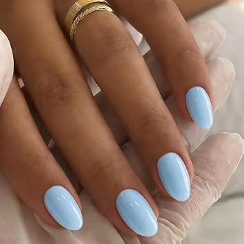 Pastel Soft Blue Press on Nails Short Oval, 32 Pcs 16 Sizes Soft Gel Fake Nails Press ons Almond, Natural Glossy Opaque Glue on Nails, Acrylic False Nail for Women Daily Looks