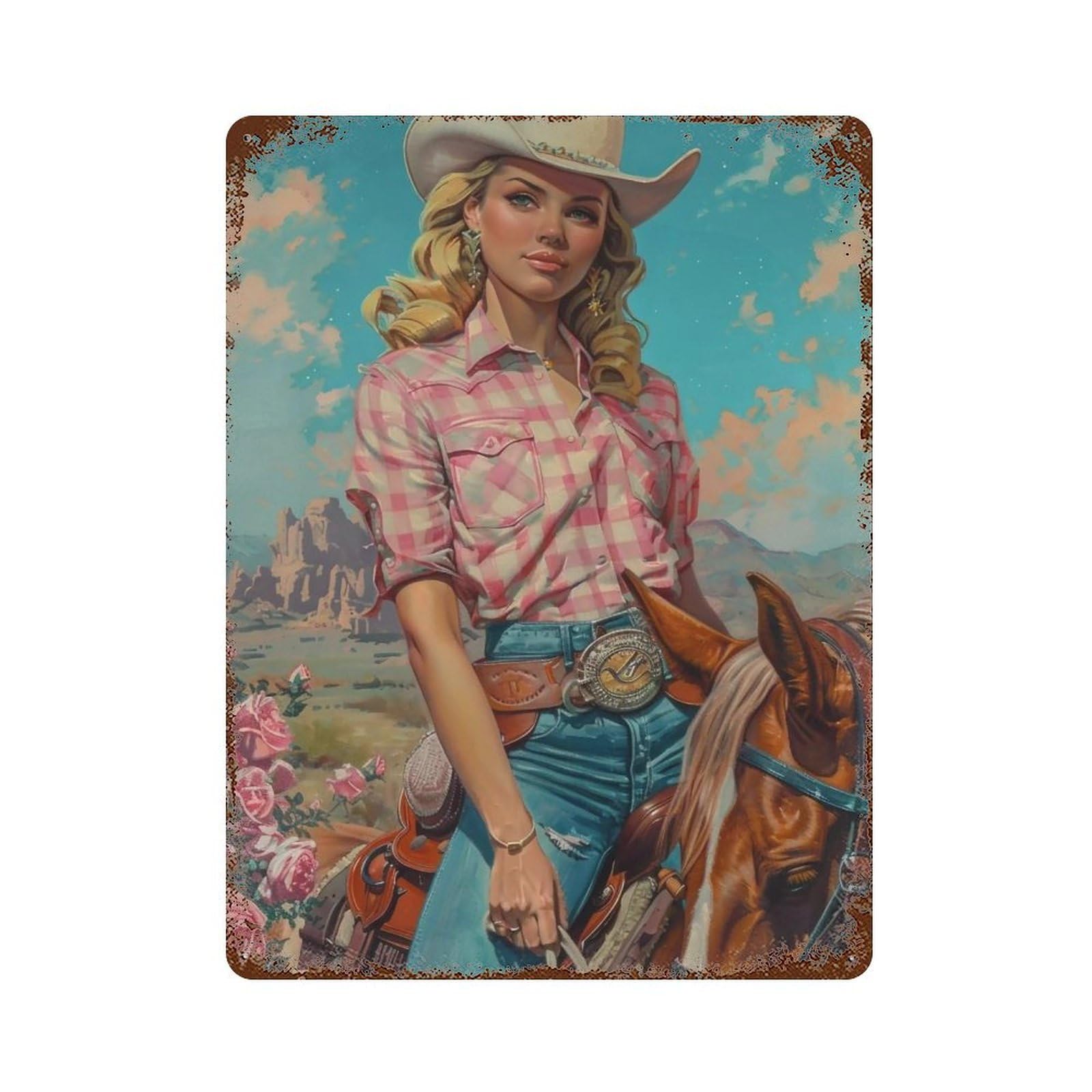 FHUYEURHRY Western Cowgirl & Horse 03 Wall Decor Retro Iron Vintage Art Metal Tin Sign Poster Modern Home Cofffee Club Art Bar Shop Decorations Style 40x30cm