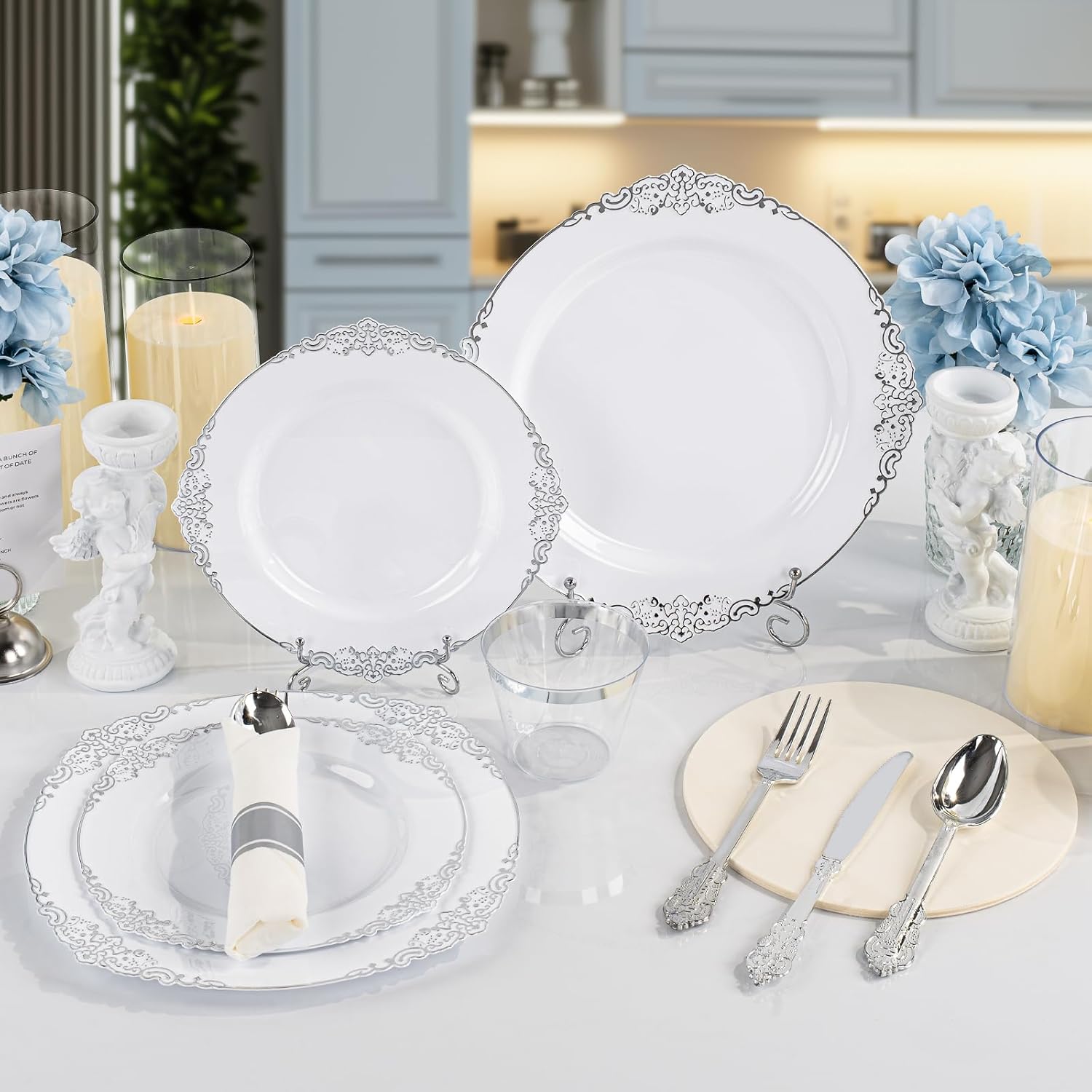 175PCS White and Silver Plastic Plates for 25 Guests, Disposable Dinnerware Sets Include 50 Plastic Plates, 25 Silverwares, 25 Cups, and 25 Pre Rolled Napkins for Party, Graduation - Image 4