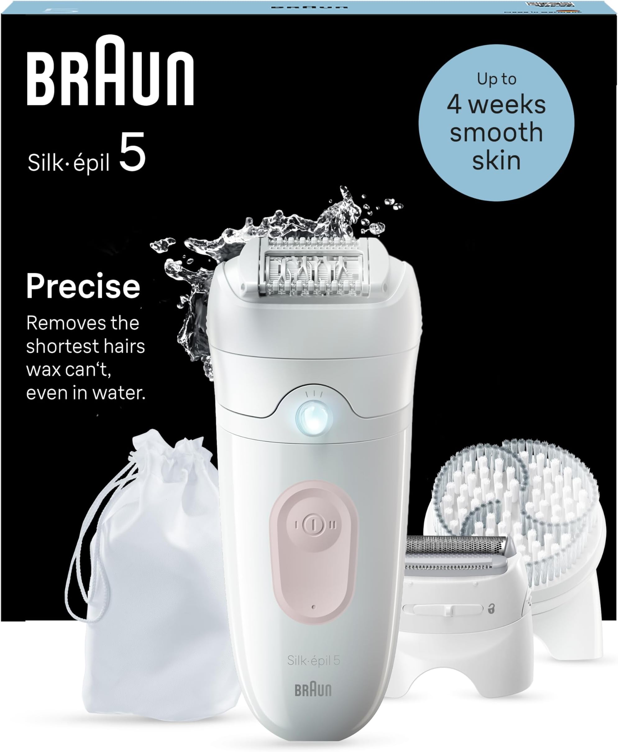Silk-épil 5 Epilator, Easy Hair Removal for Women, Wet & Dry, Lasting Smooth Skin, with Lady Shaver, Trimmer Comb & Exfoliation Brush Heads, 5-060, White/Flamingo