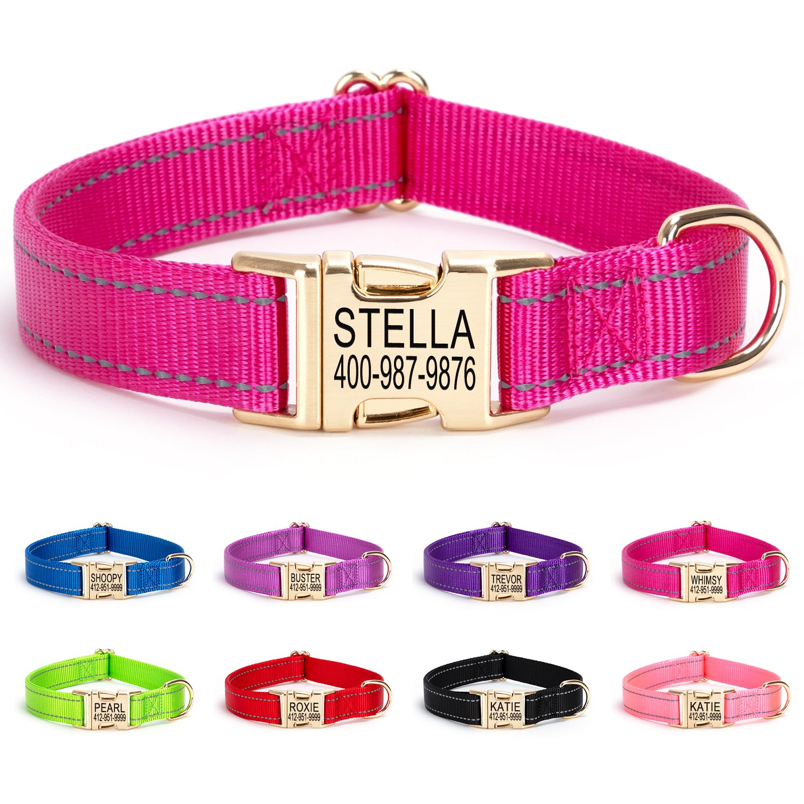 Personalized Dog Collar with Name Tag,Reflective Nylon Pet Collar, Engraved Gloden Buckle Dog Collars,XS S M L XL Adjustable Pet Collar for Small Medium Large Dogs,Christmas Pet gift(RoseRed) — image 1