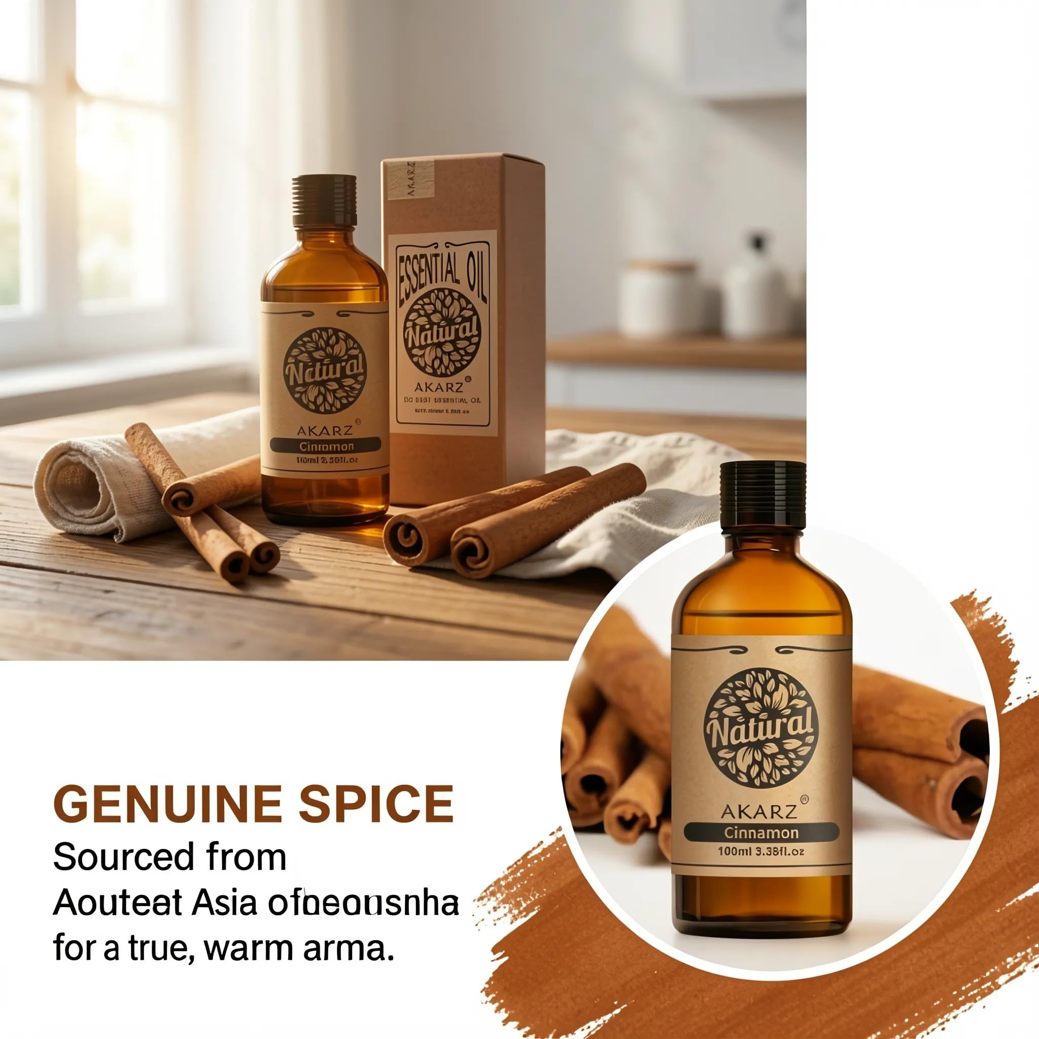AKARZ 100ml Olejek esencjny z Cynamonu - Naturalny olejek aromatyczny do dyfuzorów, lamp aromatycznych i aromatów pomieszczeń