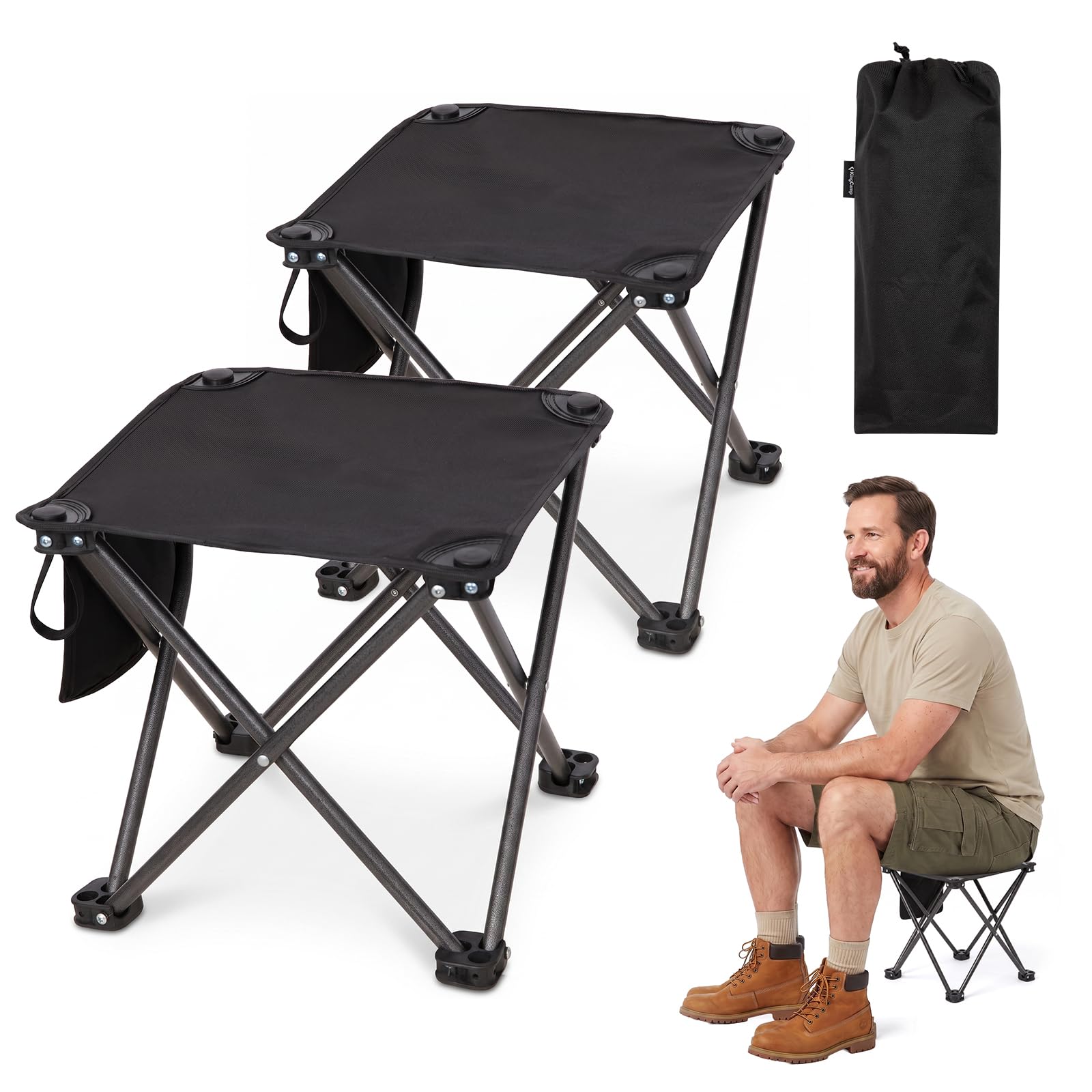 KingCamp 2 Pack Folding Camping Stool Large Seat Supports 120kg Black