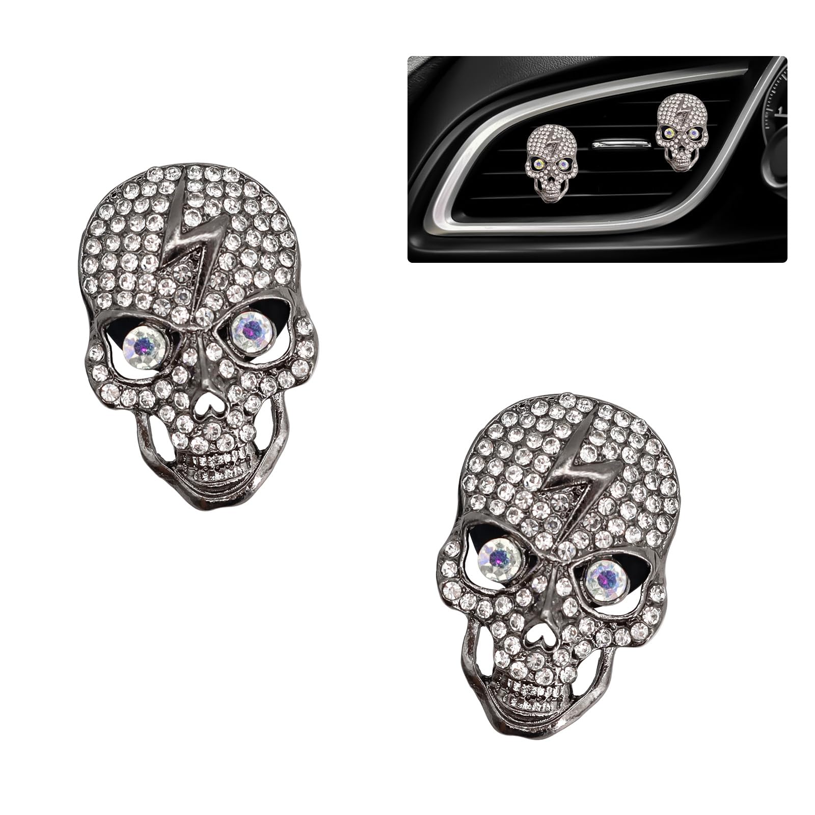 ORIESSE Skull Car Decor 2pcs Bling Skull Car Air Fresheners Vent Clips Black Silver Lightning Skeleton Goth Accessories for Teens Horror Refillable