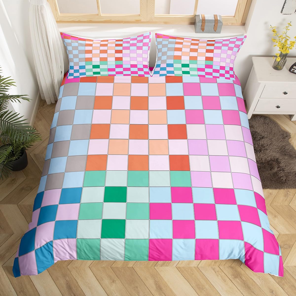 Colorful Buffalo Plaid Comforter Cover Single Geometric Grid Checkered Bedding Set Rainbow Ombre Checkerboard Duvet Cover For Kids Boys Girls Women,Groovy Aesthetic Quilt Cover