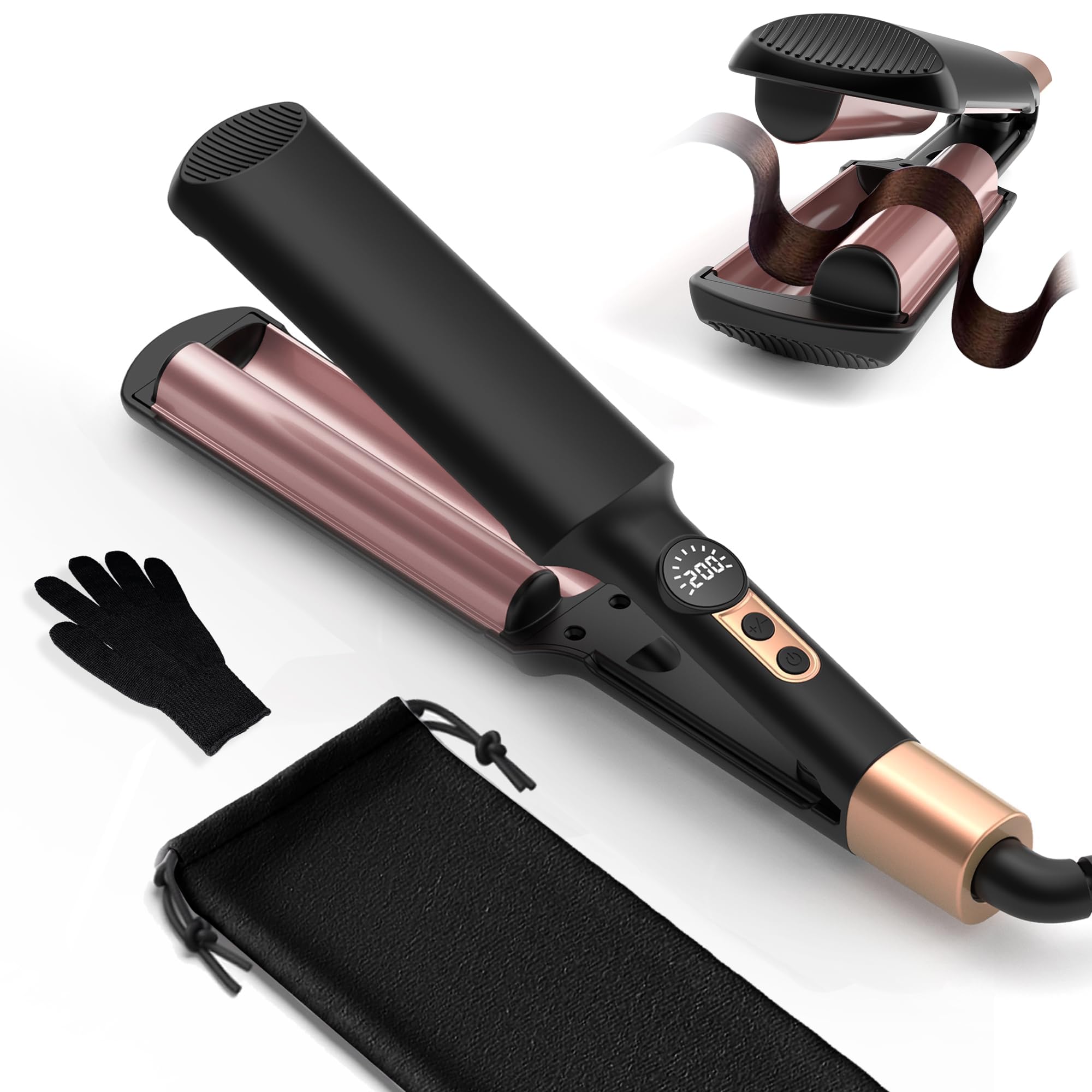 UKLISS Welleneisen - Mini Welleneisen für Haare, Reisegröße Beach Waves Lockenstab, Mermaid Hair Waver für Wellen Haare - Tragbarer Wellen Lockenstab, Neue Mini-Locken, 5 Temps 120-200℃ (Schwarz)