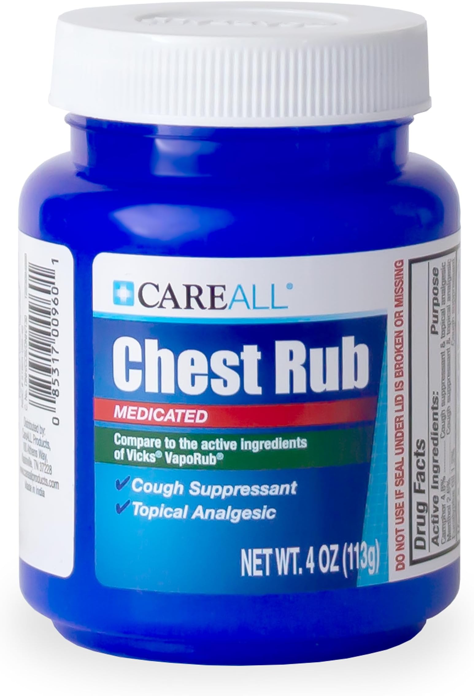 Medicated Chest Rub 4 oz. Topical Analgesic and Cough Suppressant. Provides Relief to Throat, Chest and Sinuses from Cough, Cold, and Congestion