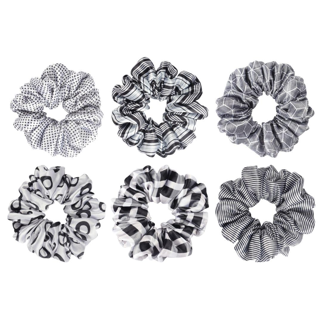 Radhu & Kabby | Black & White Satin Scrunchies | Soft Ponytail Holders for Women & Girls | Perfect Hair Accessories for All Hair Types | Casual & Special Occasions | Set of 6-picture-50