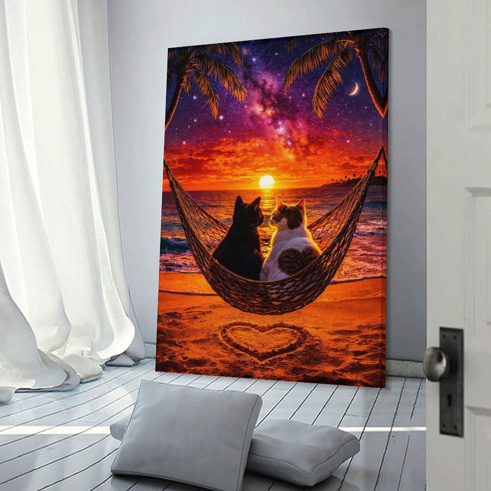 Junmoney Cats in Hammock at Sunset Home Decor Wall Art, 24x36inch(60x90cm), for New Homes, Bedrooms Or Workspaces, Gift Idea for Housewarming And Birthdays