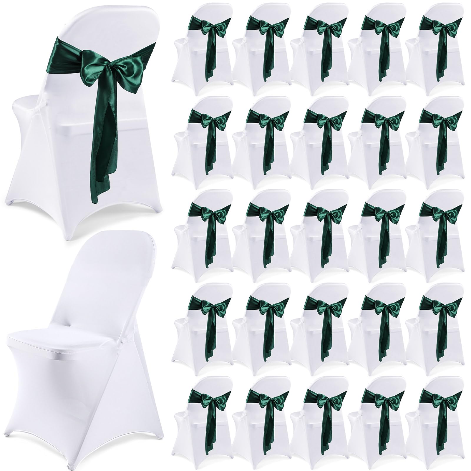 Lounsweer 50 Pcs Folding Chair Cover Set with 25 Stretch Spandex Chair Slipcovers 25 Satin Chair Sashes Bows Chair Ribbon Washable Banquet Chair Protector for Wedding Event(White, Dark Green)