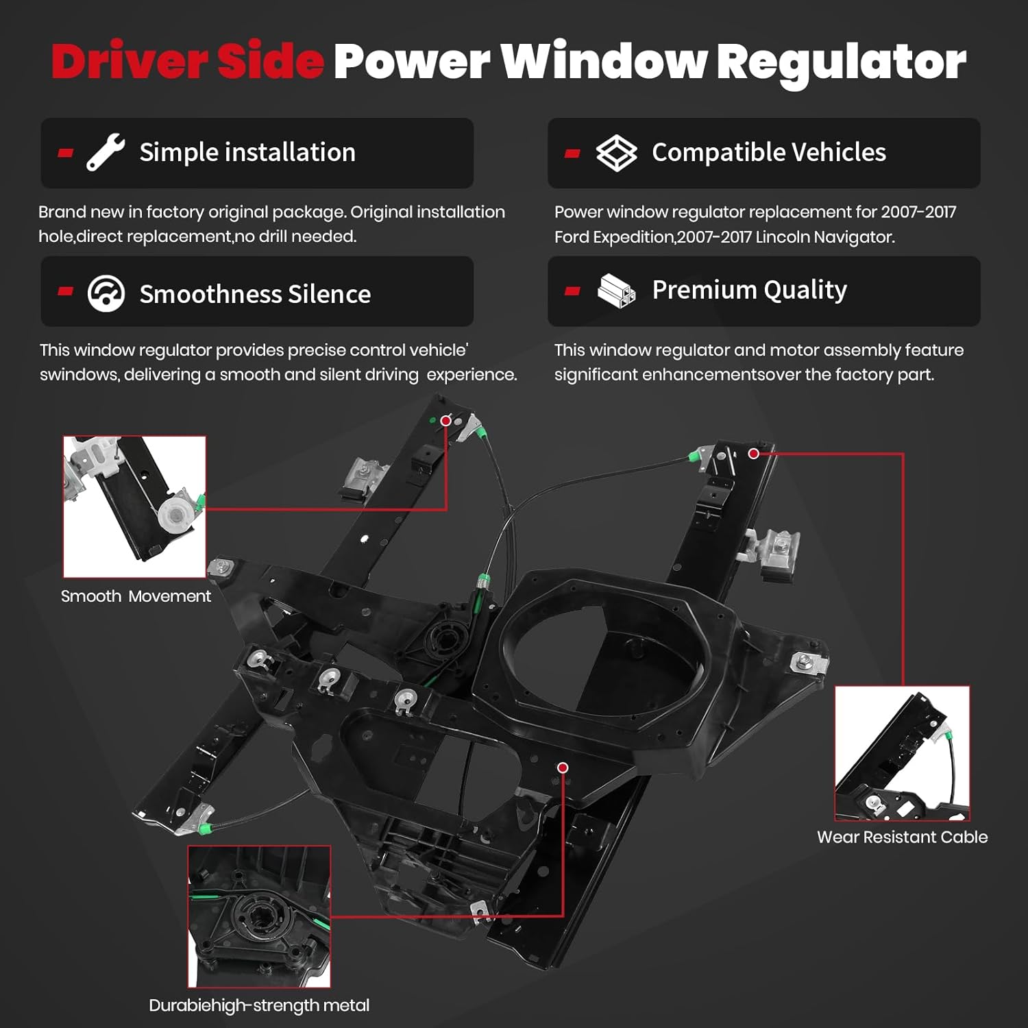 Window Regulator Front Driver Side fits for 2007-2017 Ford Expedition & Lincoln Navigator Replacement Dorman 749-542 Power Window Regulator(with Panel/Without Motor)
