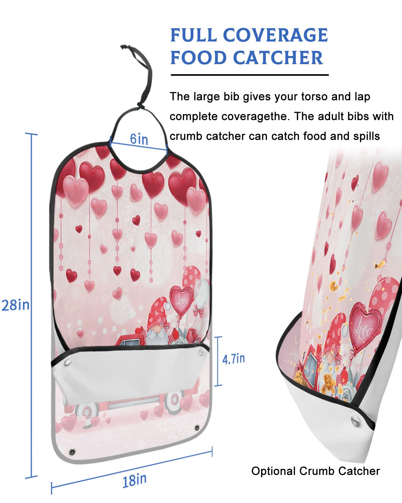 Valentine Truck Adult Bibs for Eating, Waterproof Bibs with Food Catcher & Adjustable Snap Closure, Gnomes with Red Love Heart Roses Romantic Clothing Protectors Adult Bibs for Elderly Women/Men
