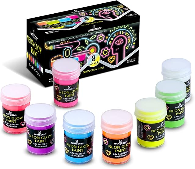 WINSONS Fabric and Textile UV Paint Set, Set of 8 Neon Black Light Glow Paints, Fluorescent Clothing Colors, Glowing Fabric Paints