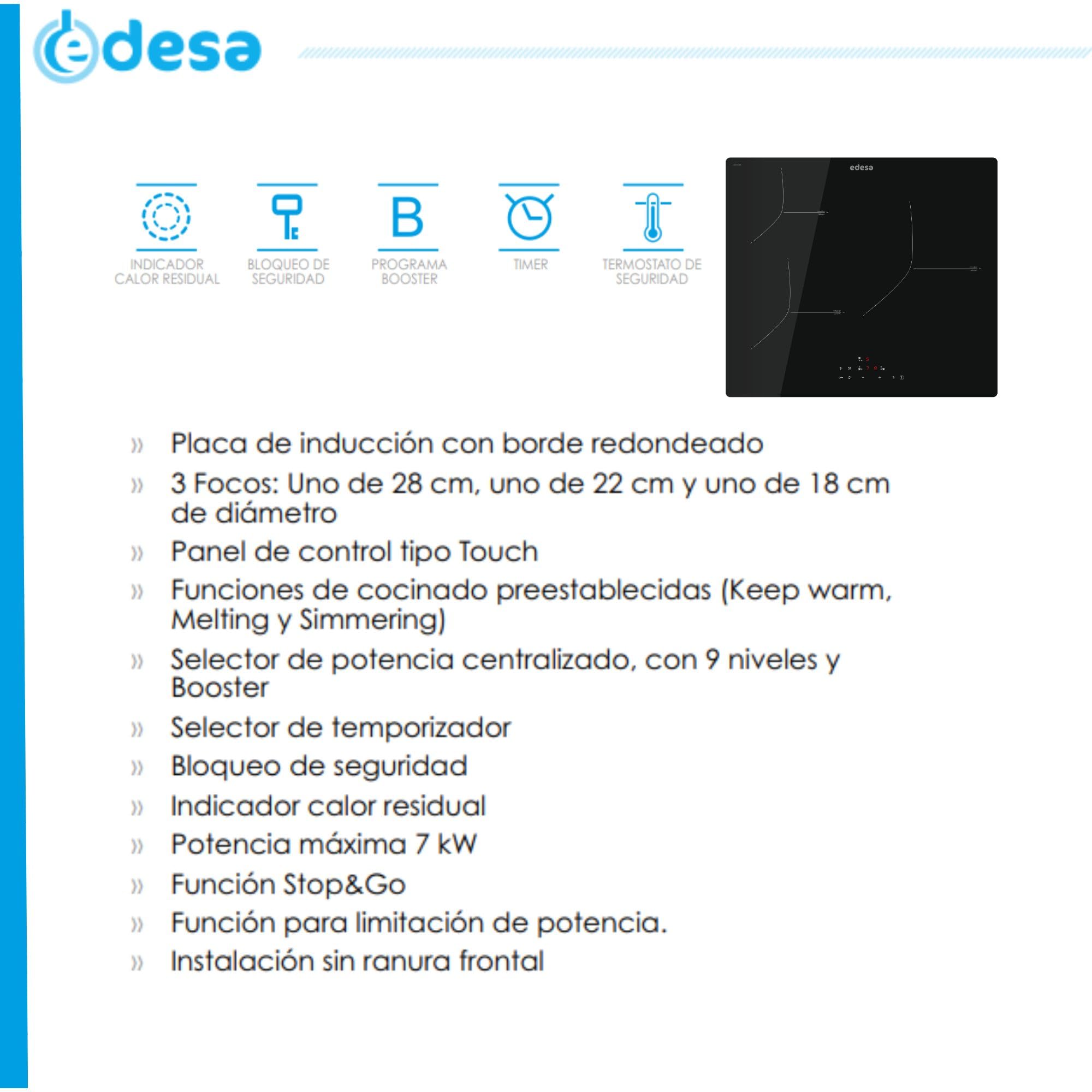 EDESA Placa Inducción EIT-6328 R, 3 Áreas Cocción, Control Táctil, 9 Niveles y Booster, Potencia Regulable, Bloqueo Seguridad, Temporizador, Función Stop & Go, Potencia Máxima 7kW, Color Negro