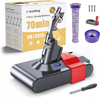 70 Min Upgraded V8 Battery Replacement, Compatible with Dyson V8/SV10 Animal Absolute Motorhead Fluffy, 1.7X Runtime, Battery Lock & Filters