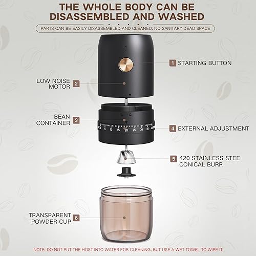 Miniatura 4 de Molinillo de café eléctrico portátil, mejorado externo ajustable 40 niveles de ajuste fino a grueso, rebabas cónicas de acero inoxidable recargables