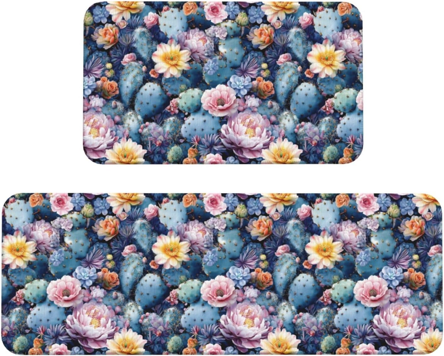 Cactus Flowers Print Kitchen Rugs Sets of 2 Non Slip Washable, Anti Fatigue Kitchen Mats for Floor, Home Decor