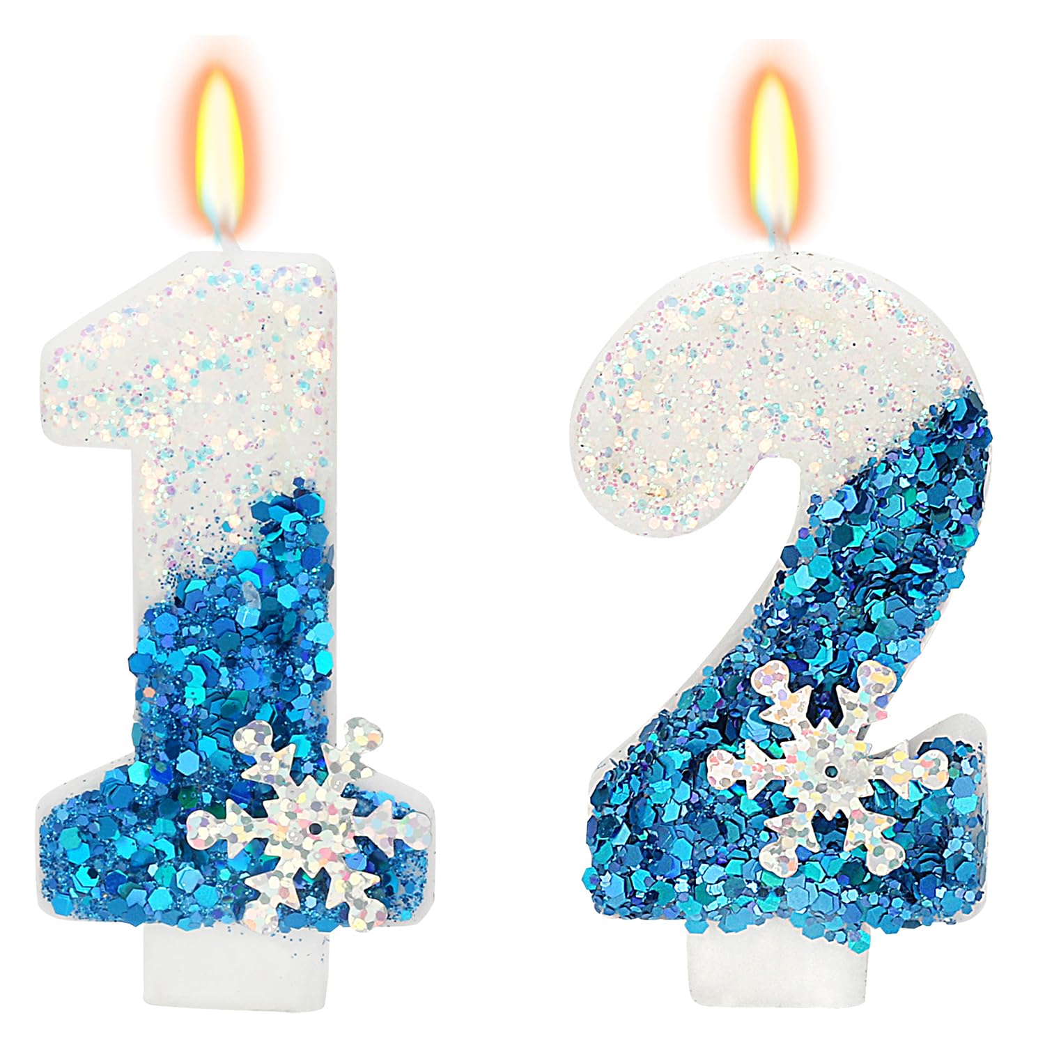 Velas de cumpleaños con temática de nieve, vela de 12 cumpleaños para suministros de fiesta, suministros de fiesta de cumpleaños de invierno, decoración de pastel de vela número 12 de 2.75 pulgadas