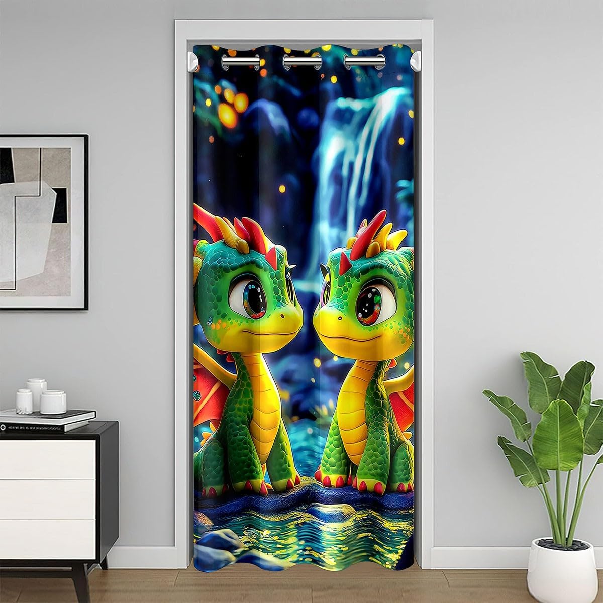 Kawaii Dragon Door Curtain Tropical Magical Jungle Blackout Curtain Cartoon Magical Animal Doorway Curtain for Kids Teens Adults Dreamy Firefly Privacy Door Drape 1 Panel 52" W X 84" L