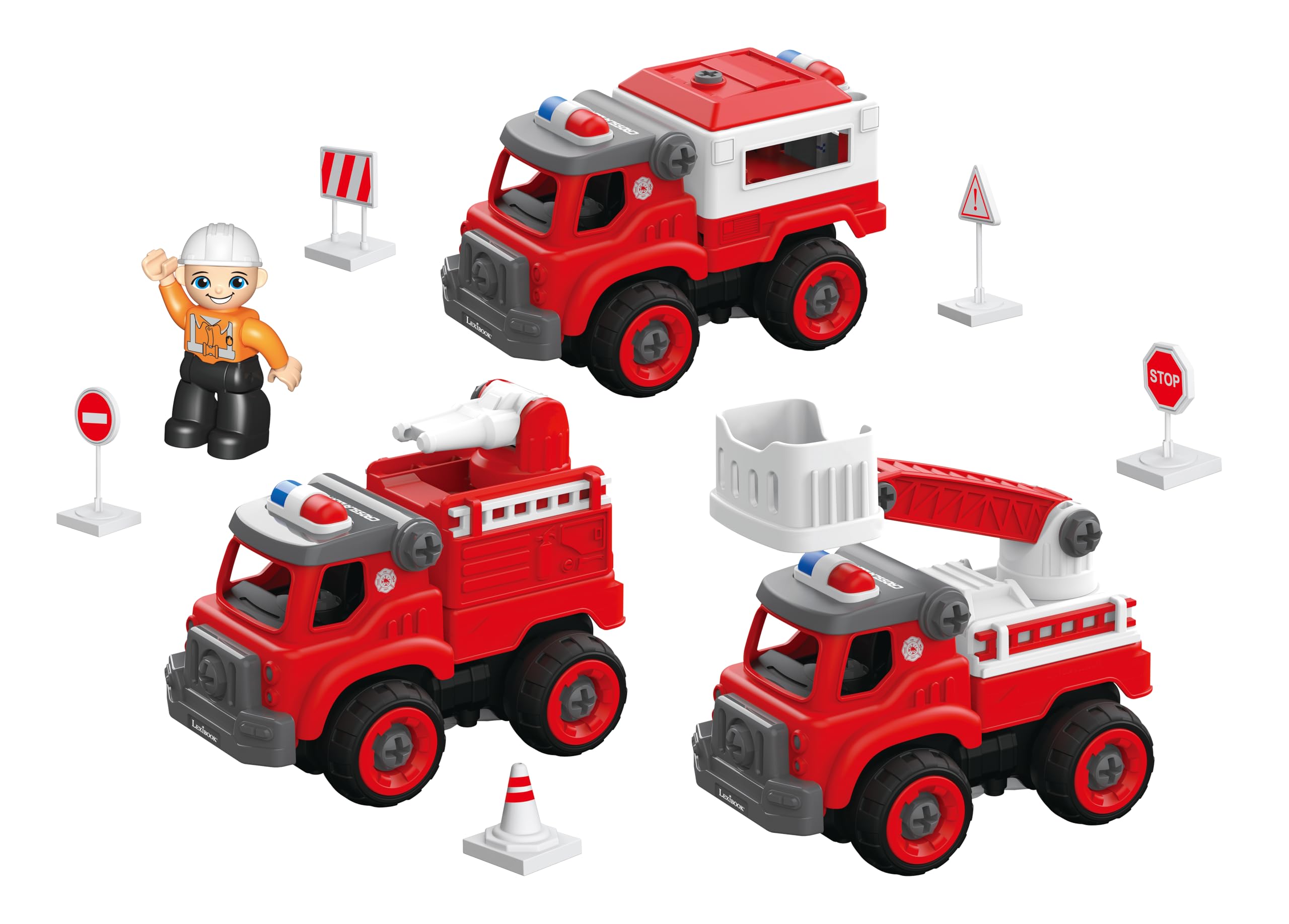 Lexibook, Crosslander Fireman Rc, Zdalnie Sterowany Wóz Strażacki do Złożenia, 3 Możliwe Konstrukcje, 33 Części, w Zestawie Śrubokręty Elektryczne i Ręczne, RCP25