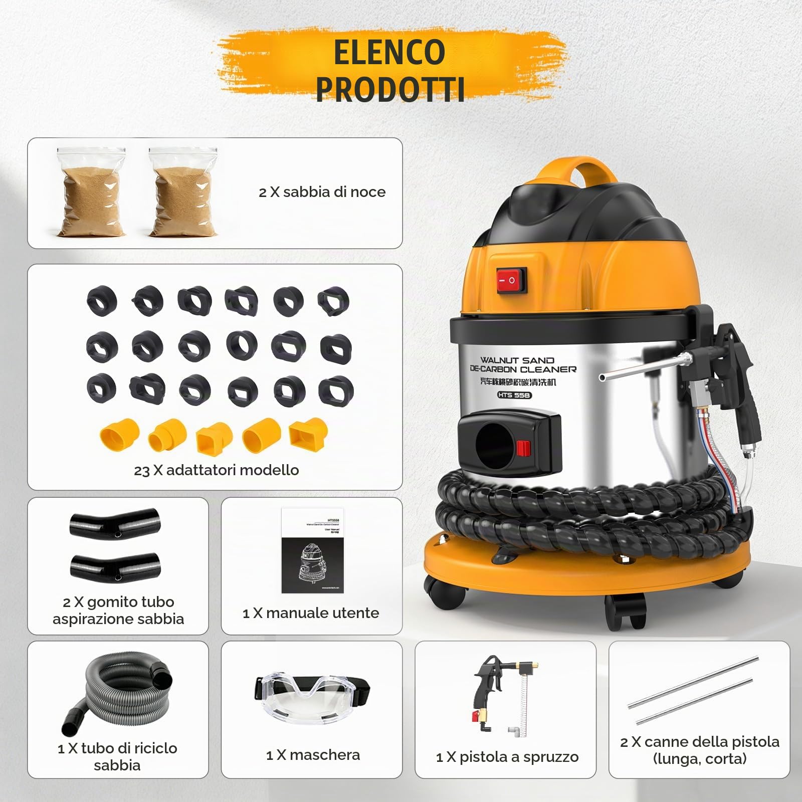PLAYOCCAR HTS558 Sabbiatrice di Noce Professionale per Auto, Detergente per Rimozione Carbonio Valvole di Aspirazione Motore, Set Completo con 23 Adattatori Universali