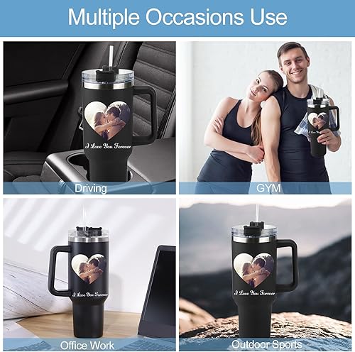 Miniatura 4 de Regalos para parejas, vaso aislado personalizado con asa, vasos personalizados de 40 onzas con tapa y pajilla, sellado al vacío doble para bebidas