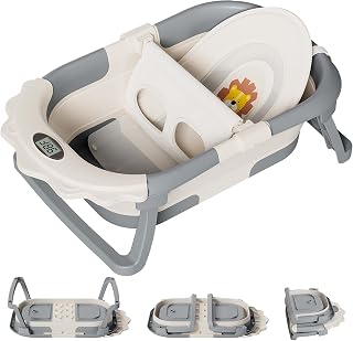TPN 4-in-1 Grow-with-Me Collapsible Baby Bathtub with Cushion & Thermometer - Portable Newborn to Toddler Tub, Grey